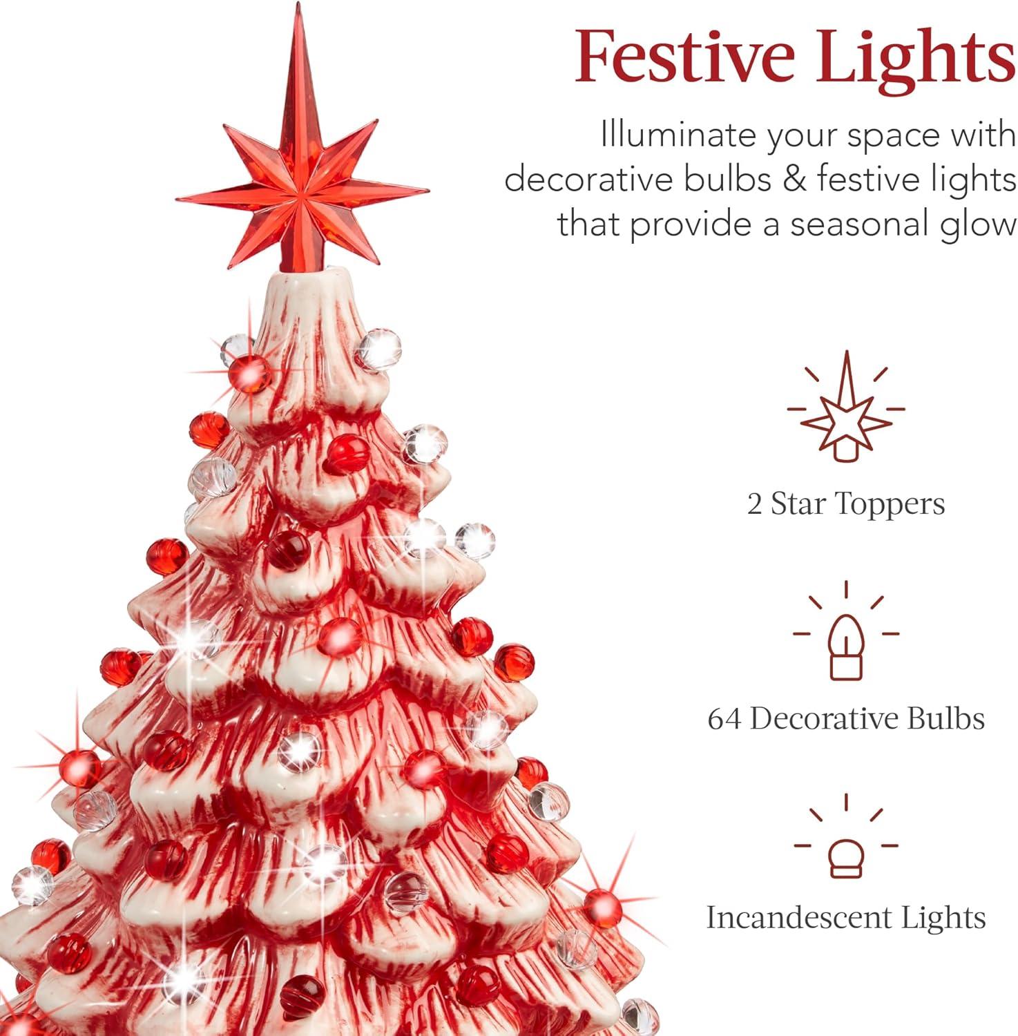 imageBest Choice Products 15in Ceramic Christmas Tree Prelit HandPainted Tabletop Holiday Tree Star Topper 64 Lights  Green wMulticolored BulbsPeppermint