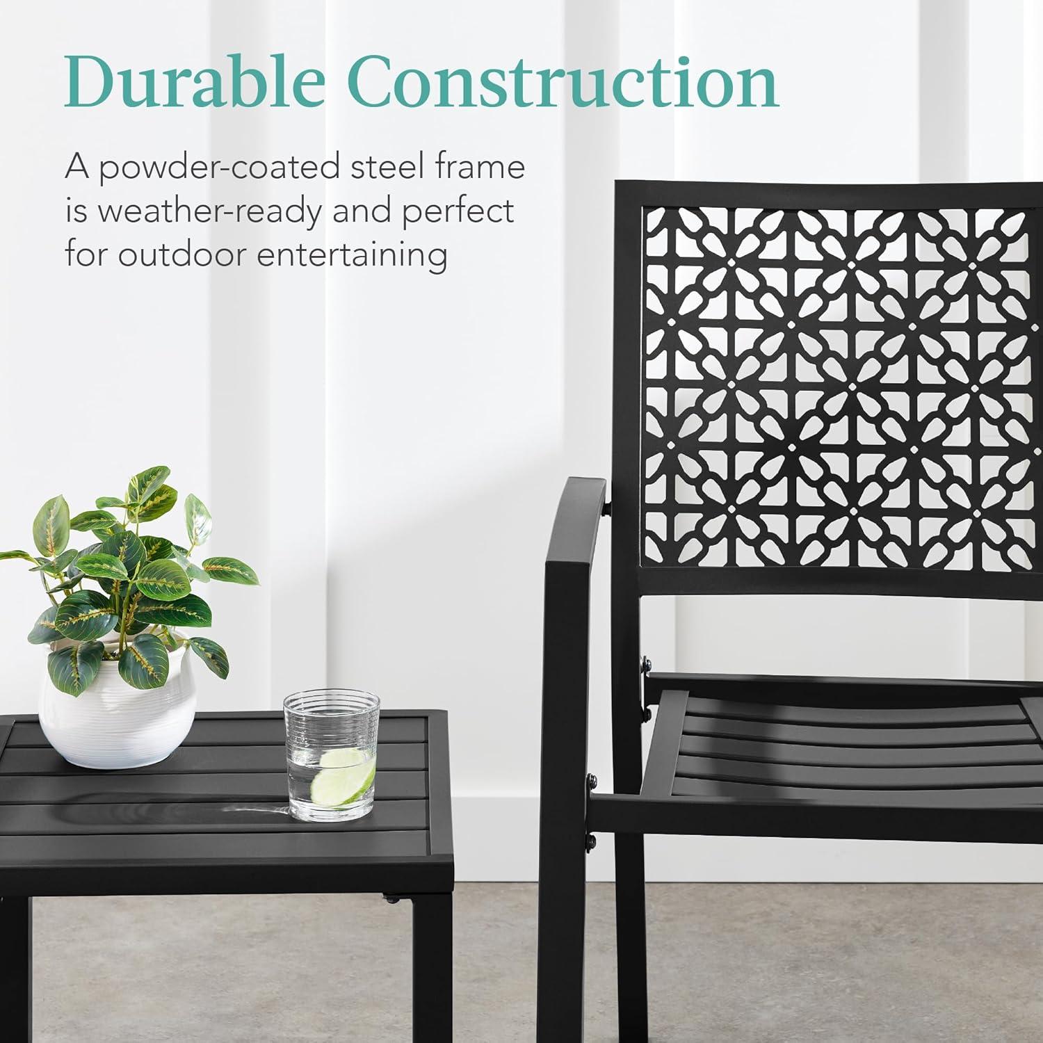 imageBest Choice Products 3Piece Outdoor Bistro Set Stackable Modern Steel Furniture for Porch Garden w 2 Chairs Table Geometric Decor  Peacock BlueBlack