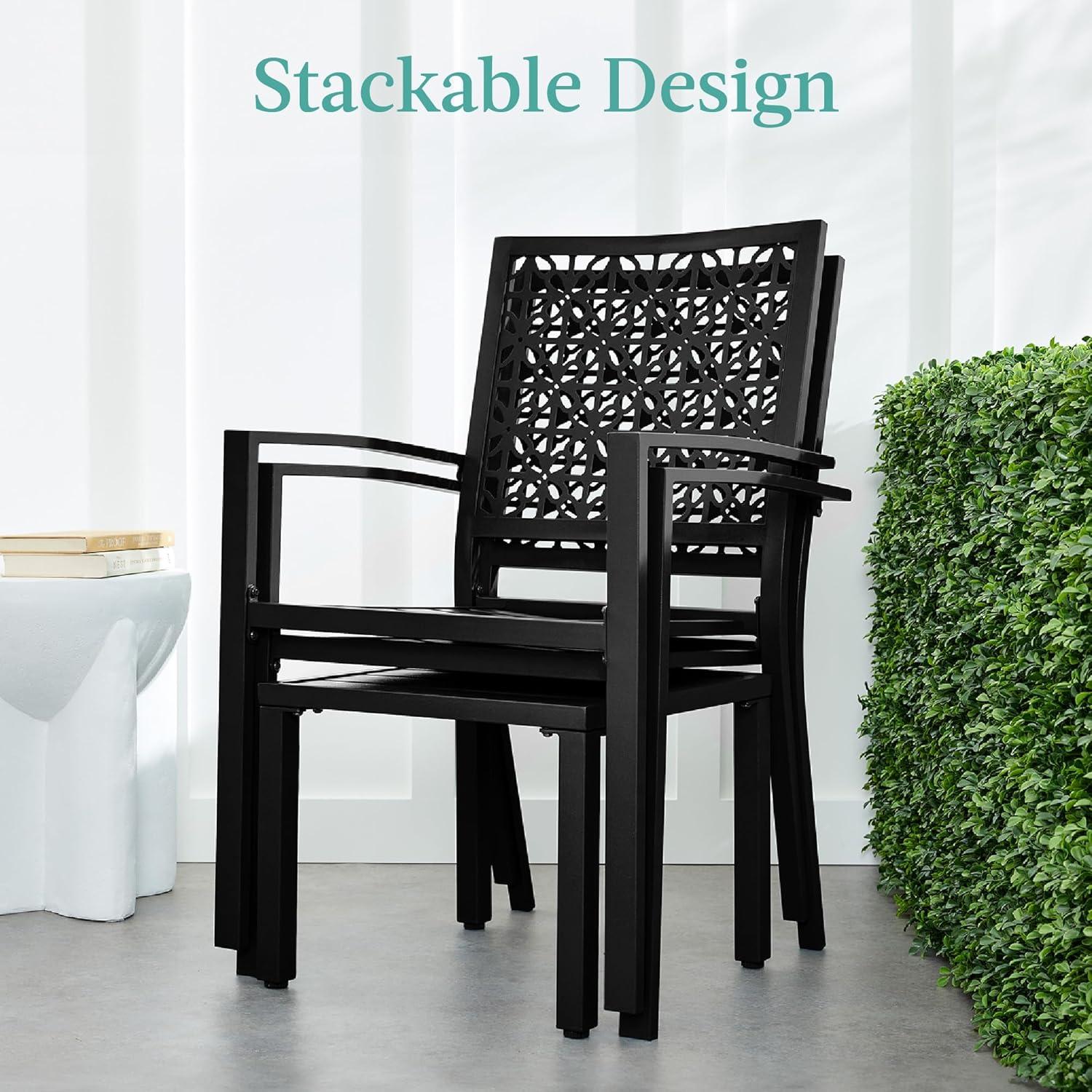 imageBest Choice Products 3Piece Outdoor Bistro Set Stackable Modern Steel Furniture for Porch Garden w 2 Chairs Table Geometric Decor  Peacock BlueBlack