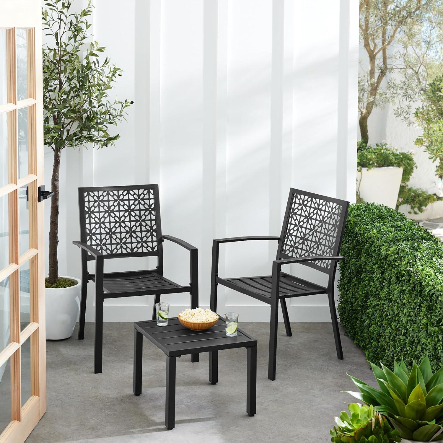 imageBest Choice Products 3Piece Outdoor Bistro Set Stackable Modern Steel Furniture for Porch Garden w 2 Chairs Table Geometric Decor  Peacock BlueBlack