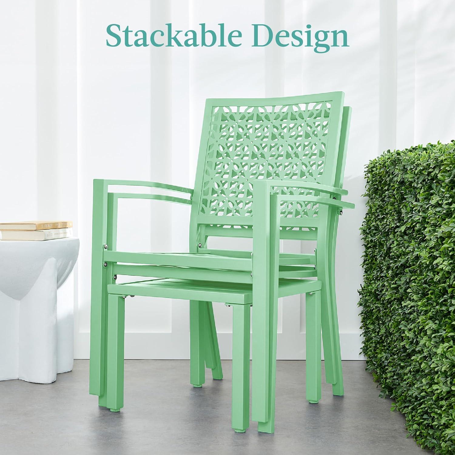 imageBest Choice Products 3Piece Outdoor Bistro Set Stackable Modern Steel Furniture for Porch Garden w 2 Chairs Table Geometric Decor  Peacock BlueMint Green