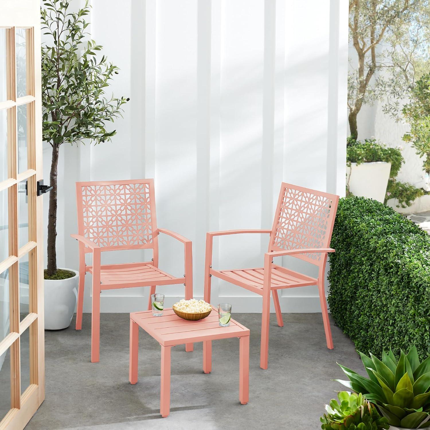 imageBest Choice Products 3Piece Outdoor Bistro Set Stackable Modern Steel Furniture for Porch Garden w 2 Chairs Table Geometric Decor  Peacock BluePeach