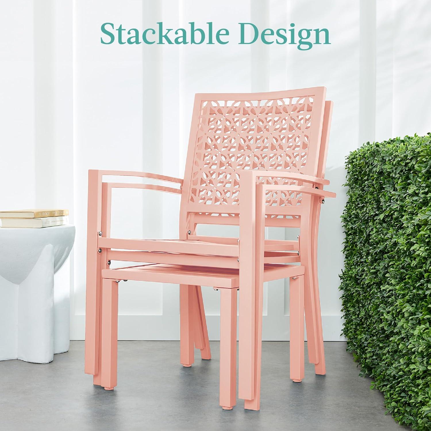 imageBest Choice Products 3Piece Outdoor Bistro Set Stackable Modern Steel Furniture for Porch Garden w 2 Chairs Table Geometric Decor  Peacock BluePeach