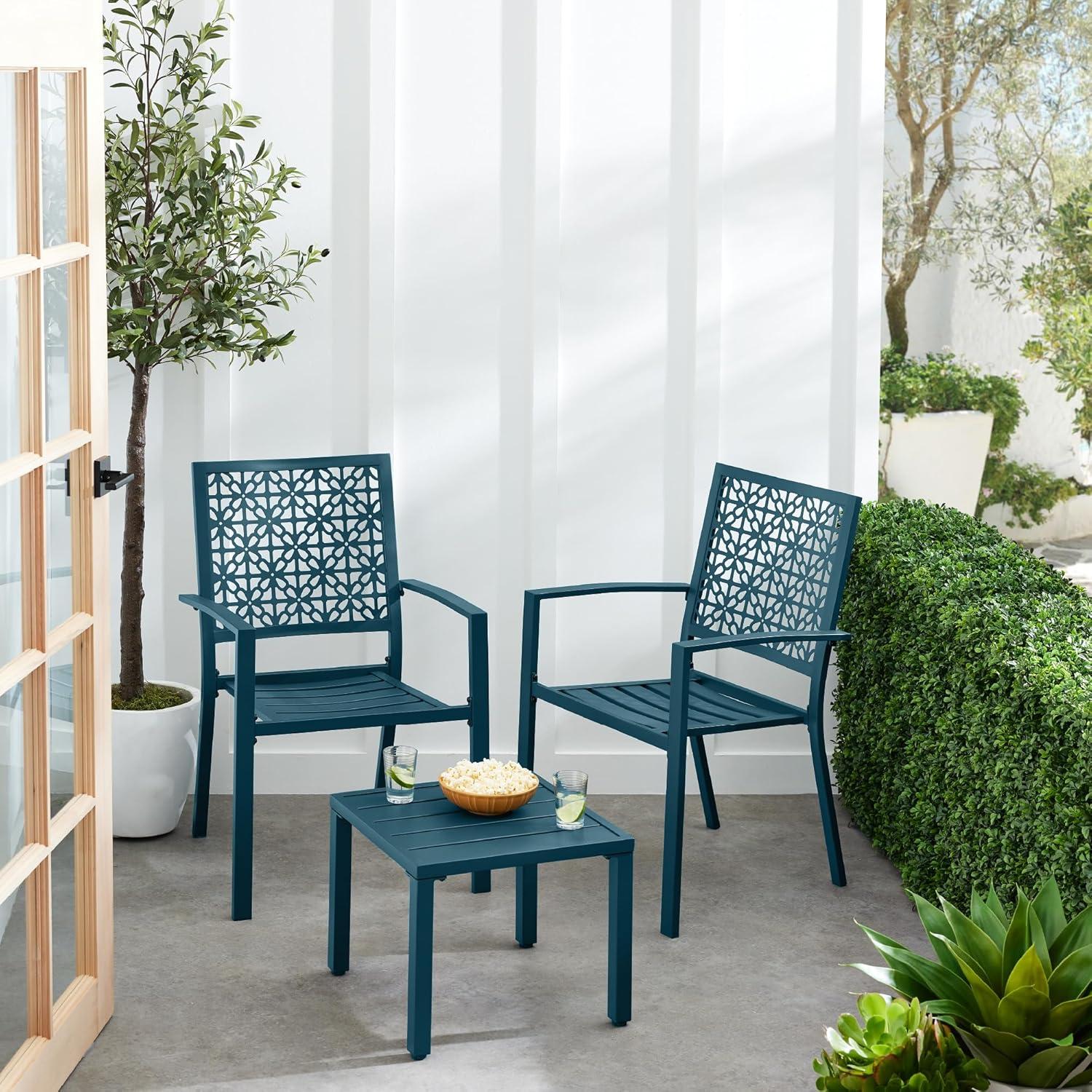 imageBest Choice Products 3Piece Outdoor Bistro Set Stackable Modern Steel Furniture for Porch Garden w 2 Chairs Table Geometric Decor  Peacock BluePeacock Blue