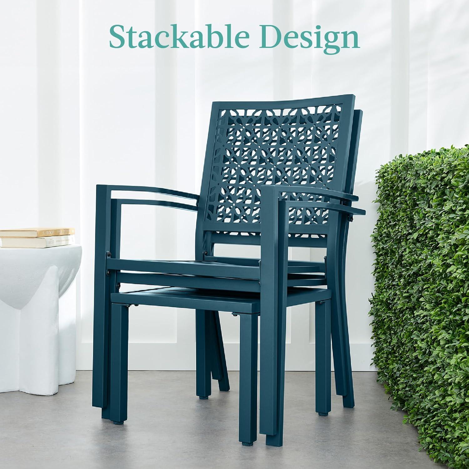 imageBest Choice Products 3Piece Outdoor Bistro Set Stackable Modern Steel Furniture for Porch Garden w 2 Chairs Table Geometric Decor  Peacock BluePeacock Blue