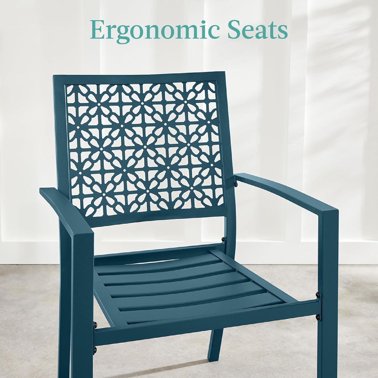 imageBest Choice Products 3Piece Outdoor Bistro Set Stackable Modern Steel Furniture for Porch Garden w 2 Chairs Table Geometric Decor  Peacock BluePeacock Blue