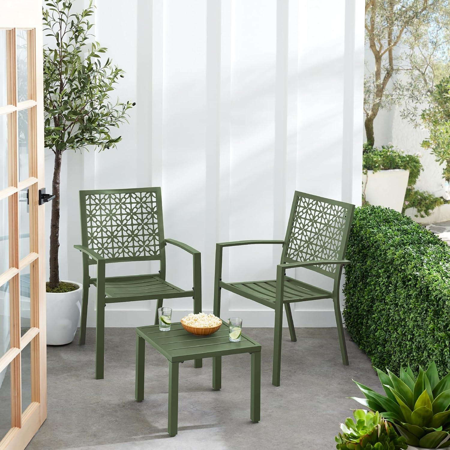 imageBest Choice Products 3Piece Outdoor Bistro Set Stackable Modern Steel Furniture for Porch Garden w 2 Chairs Table Geometric Decor  Peacock BlueSage Green
