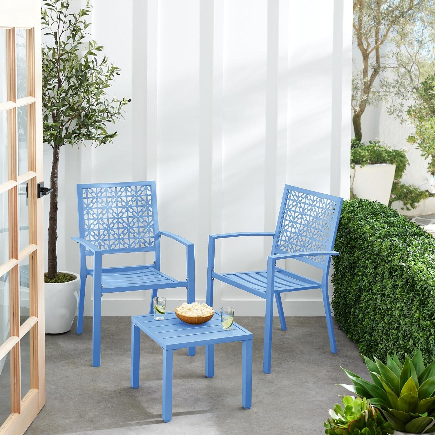 imageBest Choice Products 3Piece Outdoor Bistro Set Stackable Modern Steel Furniture for Porch Garden w 2 Chairs Table Geometric Decor  Peacock BlueSky Blue