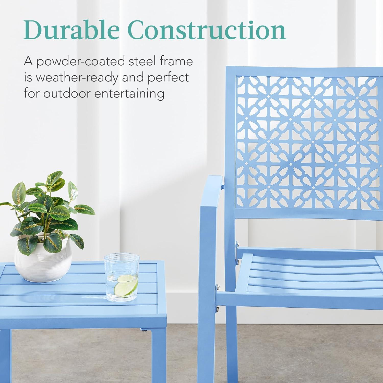 imageBest Choice Products 3Piece Outdoor Bistro Set Stackable Modern Steel Furniture for Porch Garden w 2 Chairs Table Geometric Decor  Peacock BlueSky Blue