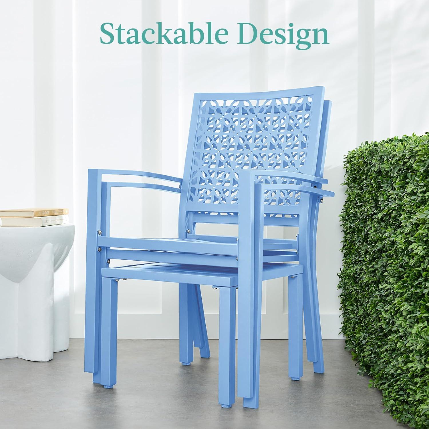 imageBest Choice Products 3Piece Outdoor Bistro Set Stackable Modern Steel Furniture for Porch Garden w 2 Chairs Table Geometric Decor  Peacock BlueSky Blue
