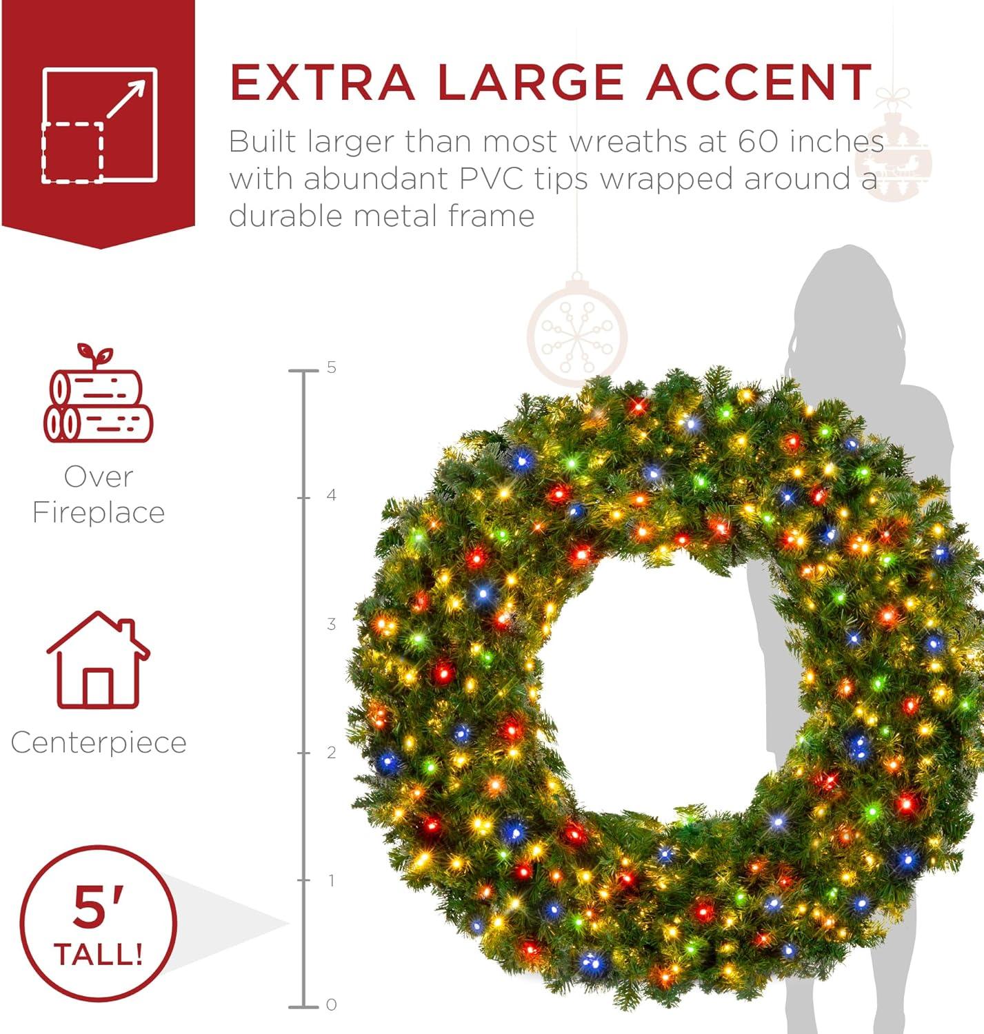 imageBest Choice Products 48in Large Artificial PreLit Fir Christmas Wreath Holiday Accent Decoration w 200 LED Lights 714 PVC TipsMulticolor Lights