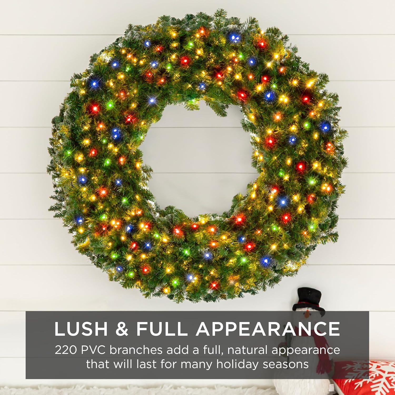 imageBest Choice Products 48in Large Artificial PreLit Fir Christmas Wreath Holiday Accent Decoration w 200 LED Lights 714 PVC TipsMulticolor Lights