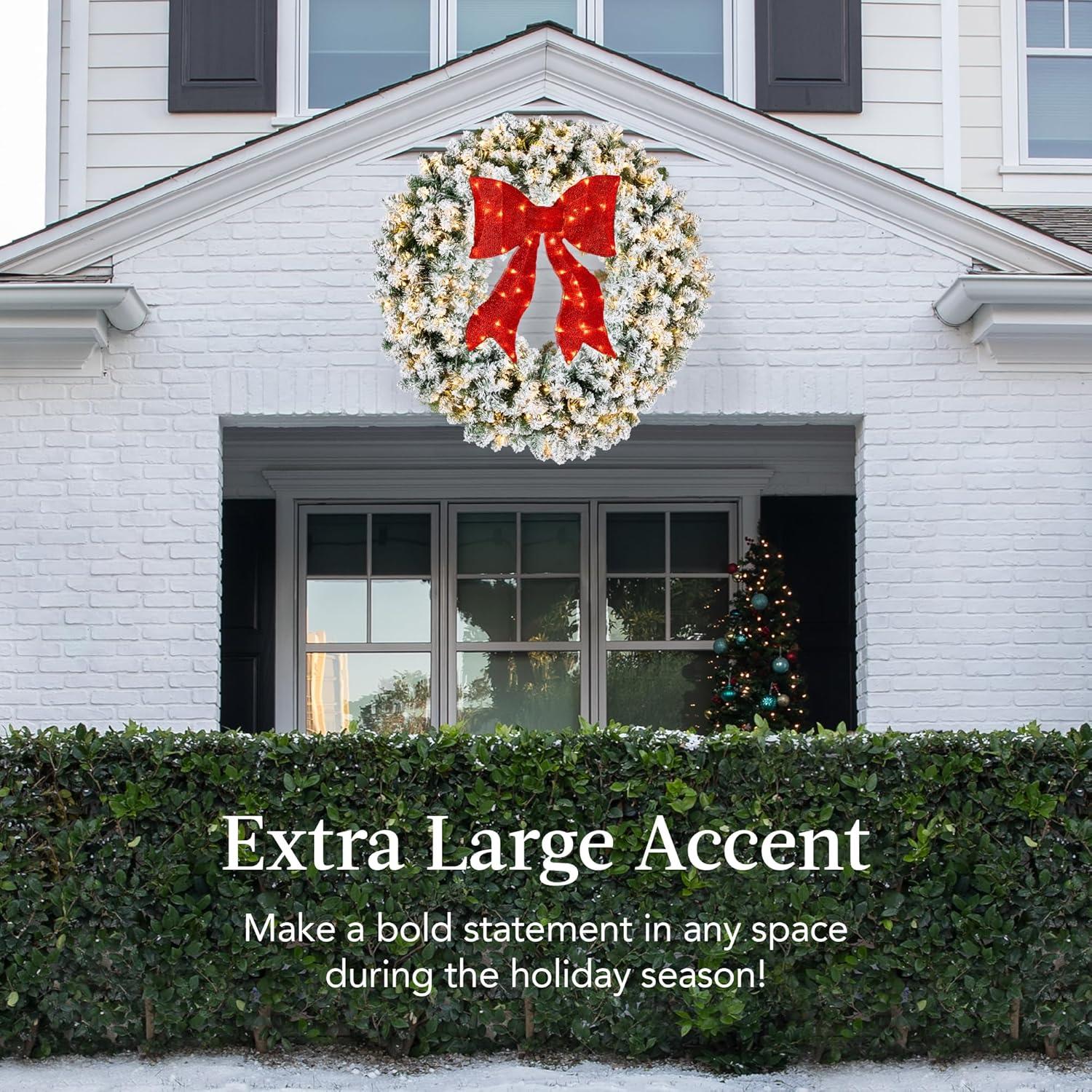 imageBest Choice Products 48in Large Flocked Artificial PreLit Fir Christmas Wreath Holiday Accent Decoration for Door Mantel wRed Lighted Bow 250 LED Lights 714 PVC Tips Power PluginFlocked