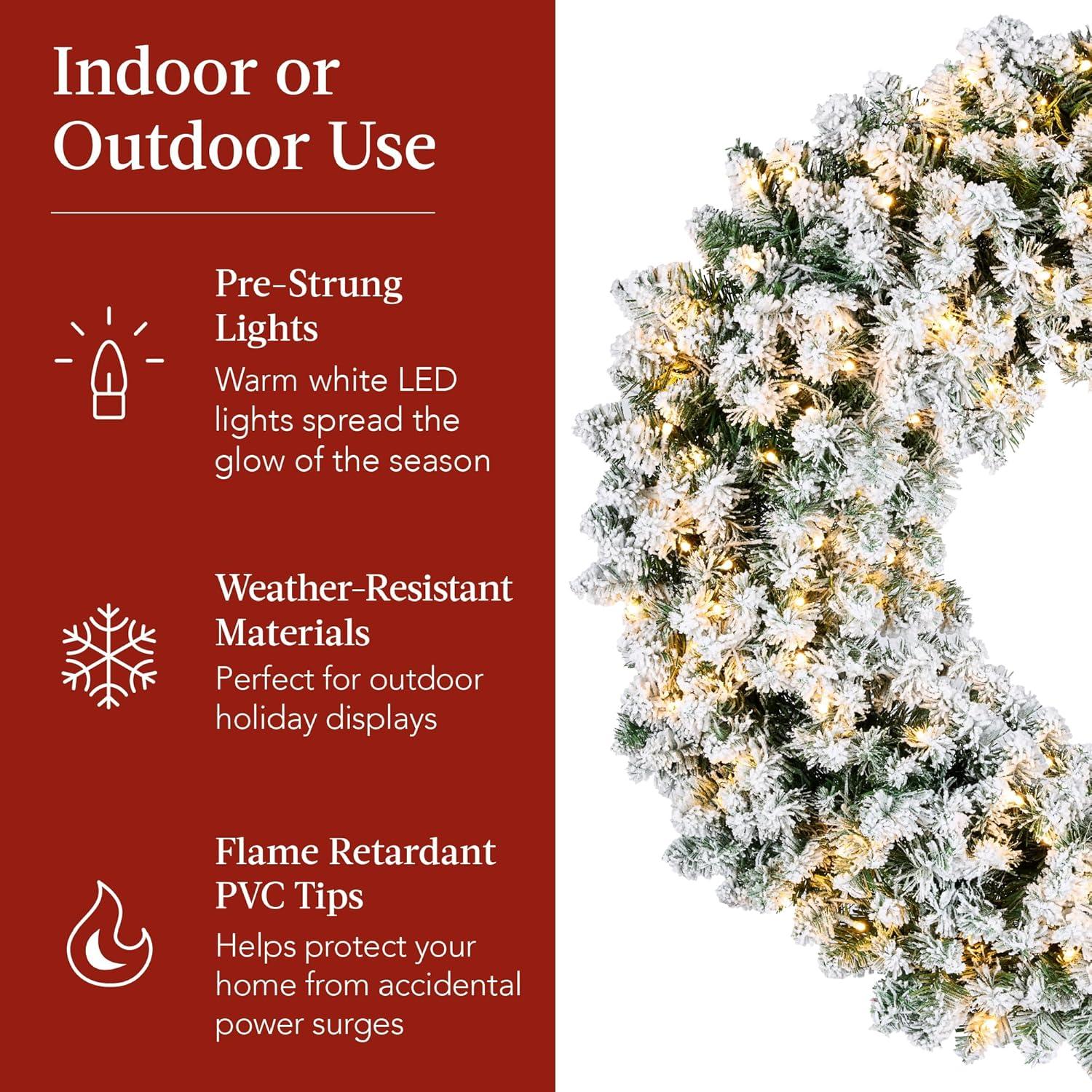 imageBest Choice Products 48in Large Flocked Artificial PreLit Fir Christmas Wreath Holiday Accent Decoration for Door Mantel wRed Lighted Bow 250 LED Lights 714 PVC Tips Power PluginFlocked