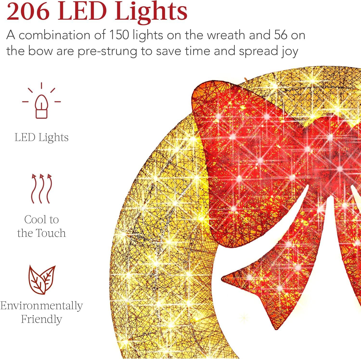 imageBest Choice Products 48in PreLit Outdoor Christmas Wreath Decoration LED Metal Holiday Decor for Home w 140 Lights Bow  GoldRedGoldRed