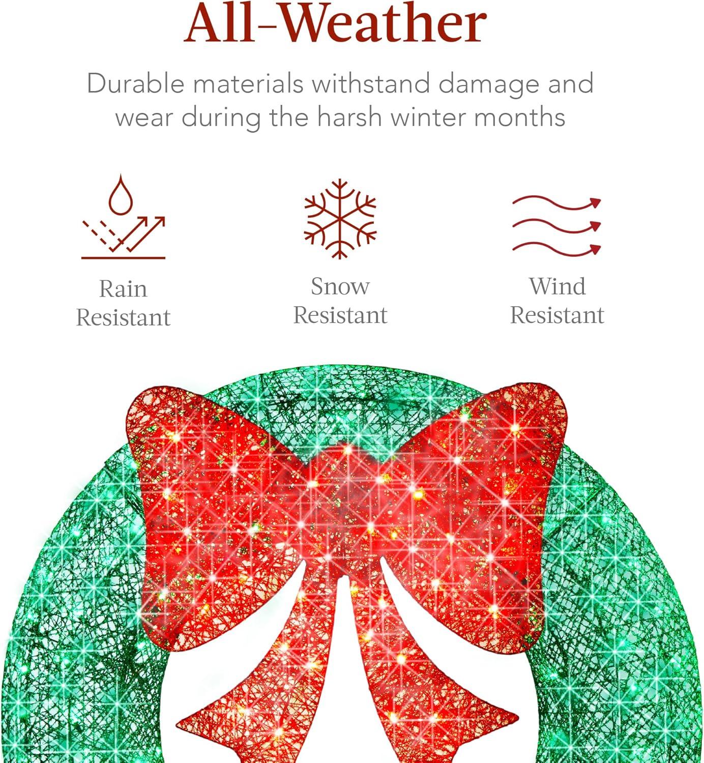 imageBest Choice Products 48in PreLit Outdoor Christmas Wreath Decoration LED Metal Holiday Decor for Home w 140 Lights Bow  GoldRedGreenRed