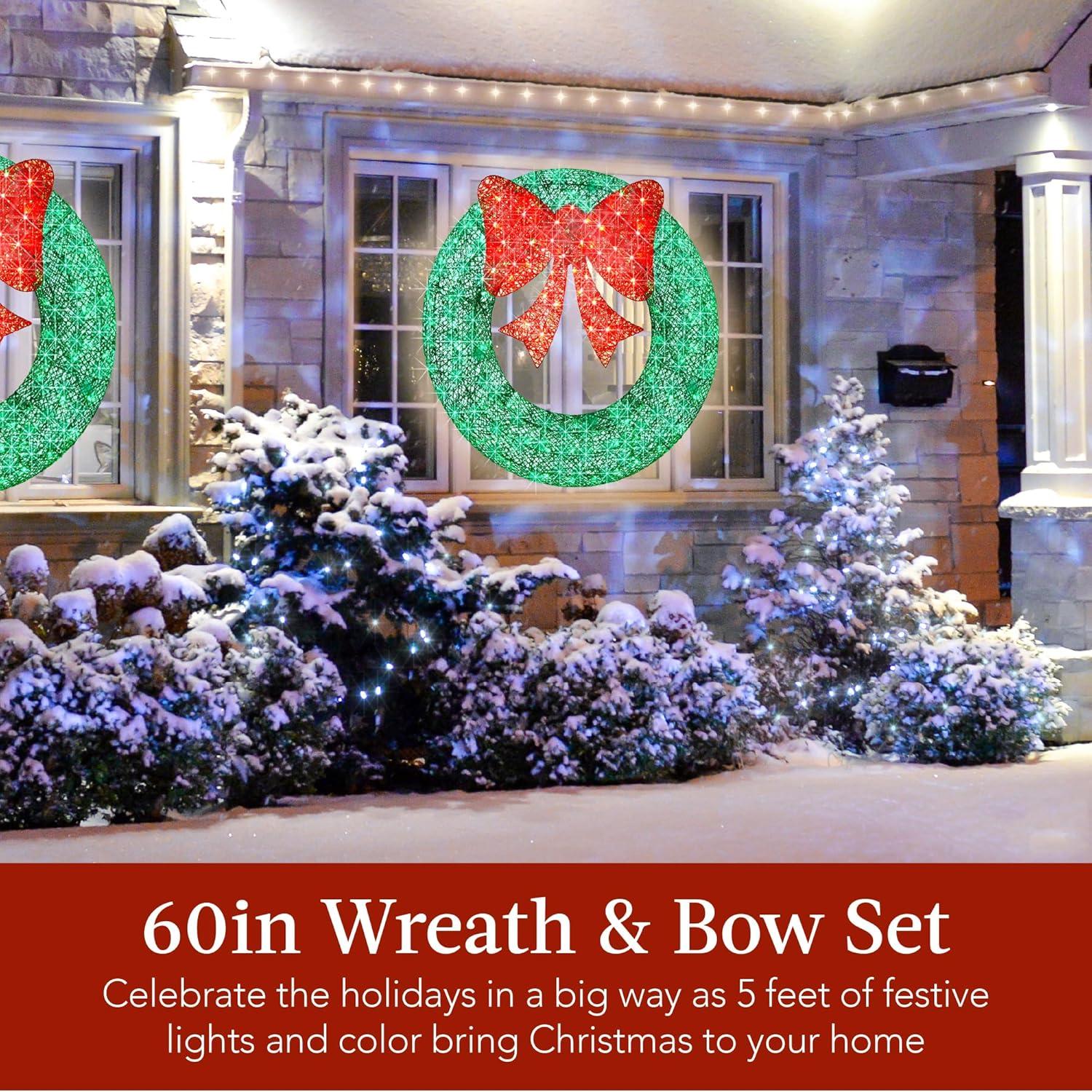 imageBest Choice Products 48in PreLit Outdoor Christmas Wreath Decoration LED Metal Holiday Decor for Home w 140 Lights Bow  GoldRedGreenRed