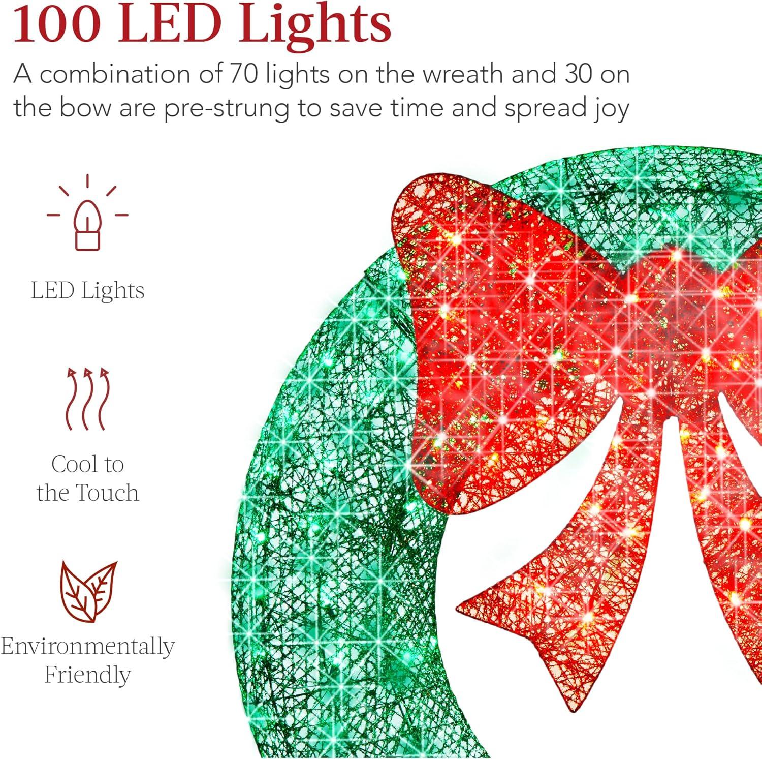 imageBest Choice Products 48in PreLit Outdoor Christmas Wreath Decoration LED Metal Holiday Decor for Home w 140 Lights Bow  GoldRedGreenRed