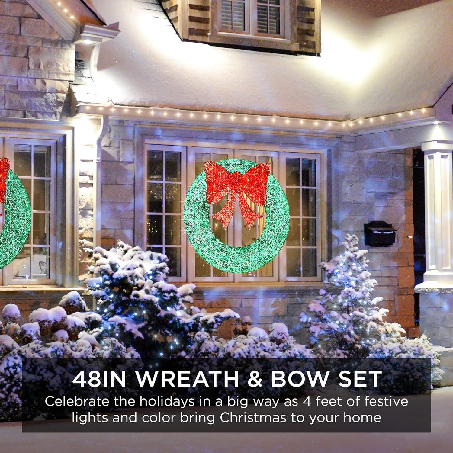 imageBest Choice Products 48in PreLit Outdoor Christmas Wreath Decoration LED Metal Holiday Decor for Home w 140 Lights Bow  GoldRedGreenRed
