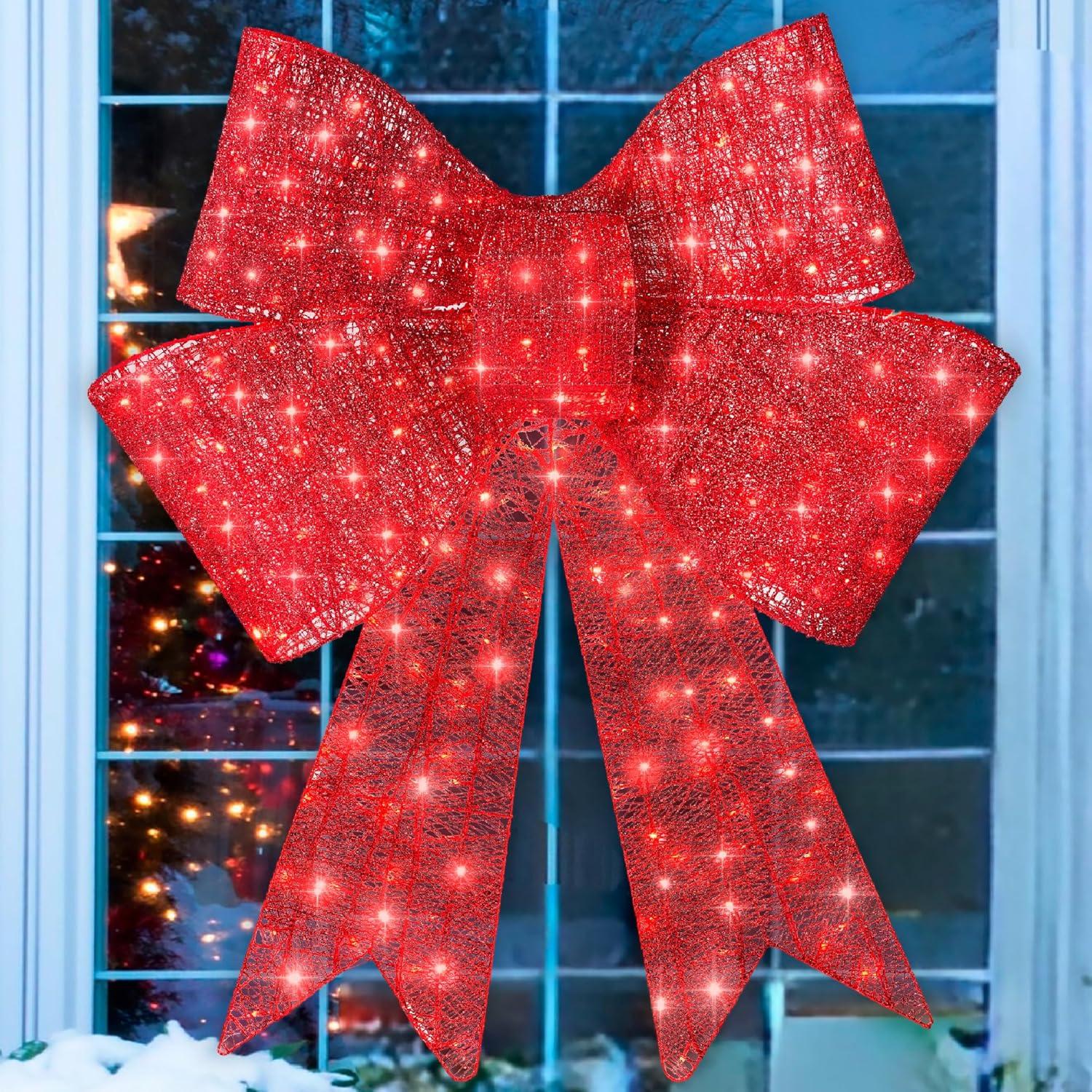 imageBest Choice Products 48in PreLit XL Christmas Bow Decoration Large Outdoor LED Holiday Yard Dcor w 200 Lights 8 Light Functions Timer HookRed