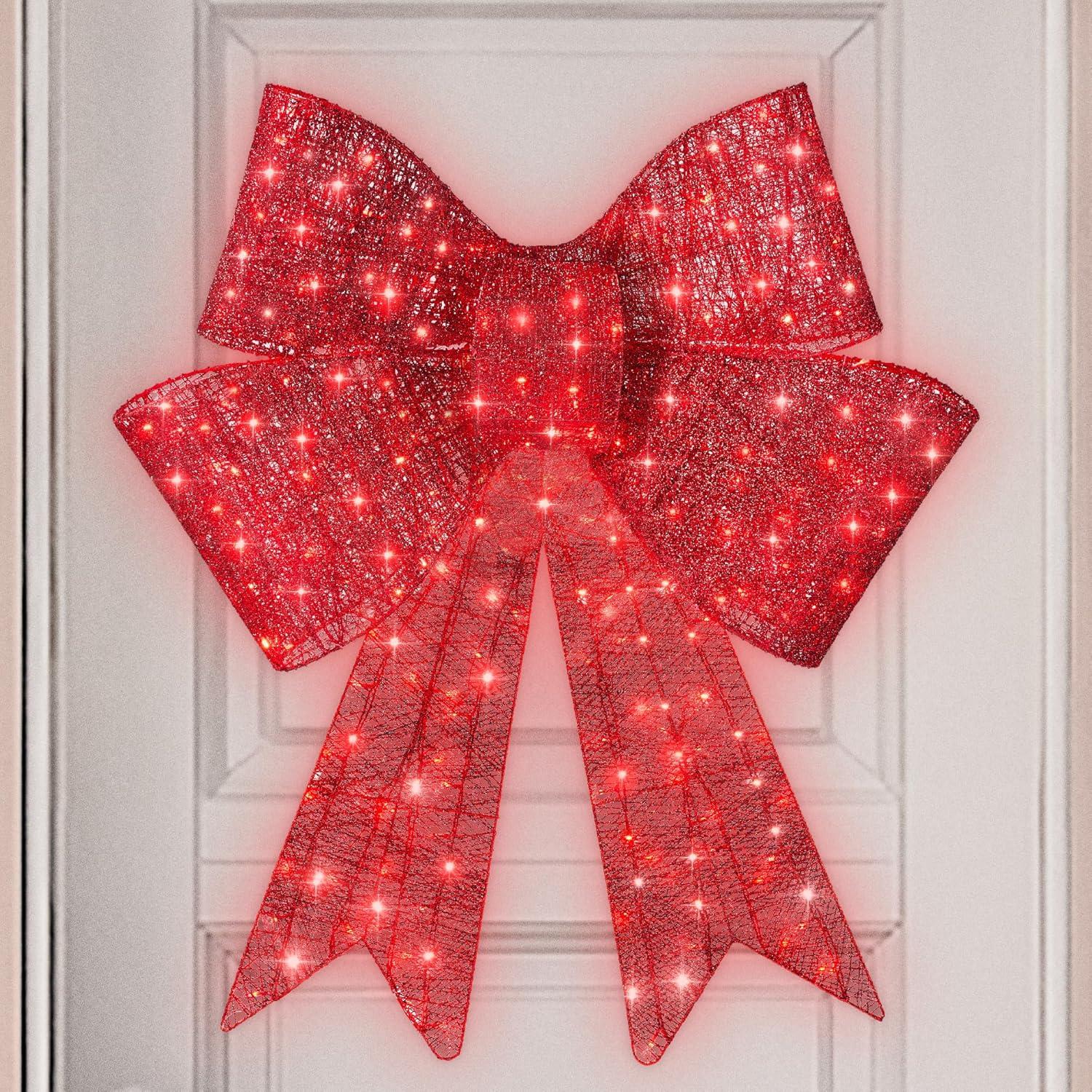 imageBest Choice Products 48in PreLit XL Christmas Bow Decoration Large Outdoor LED Holiday Yard Dcor w 200 Lights 8 Light Functions Timer HookRed