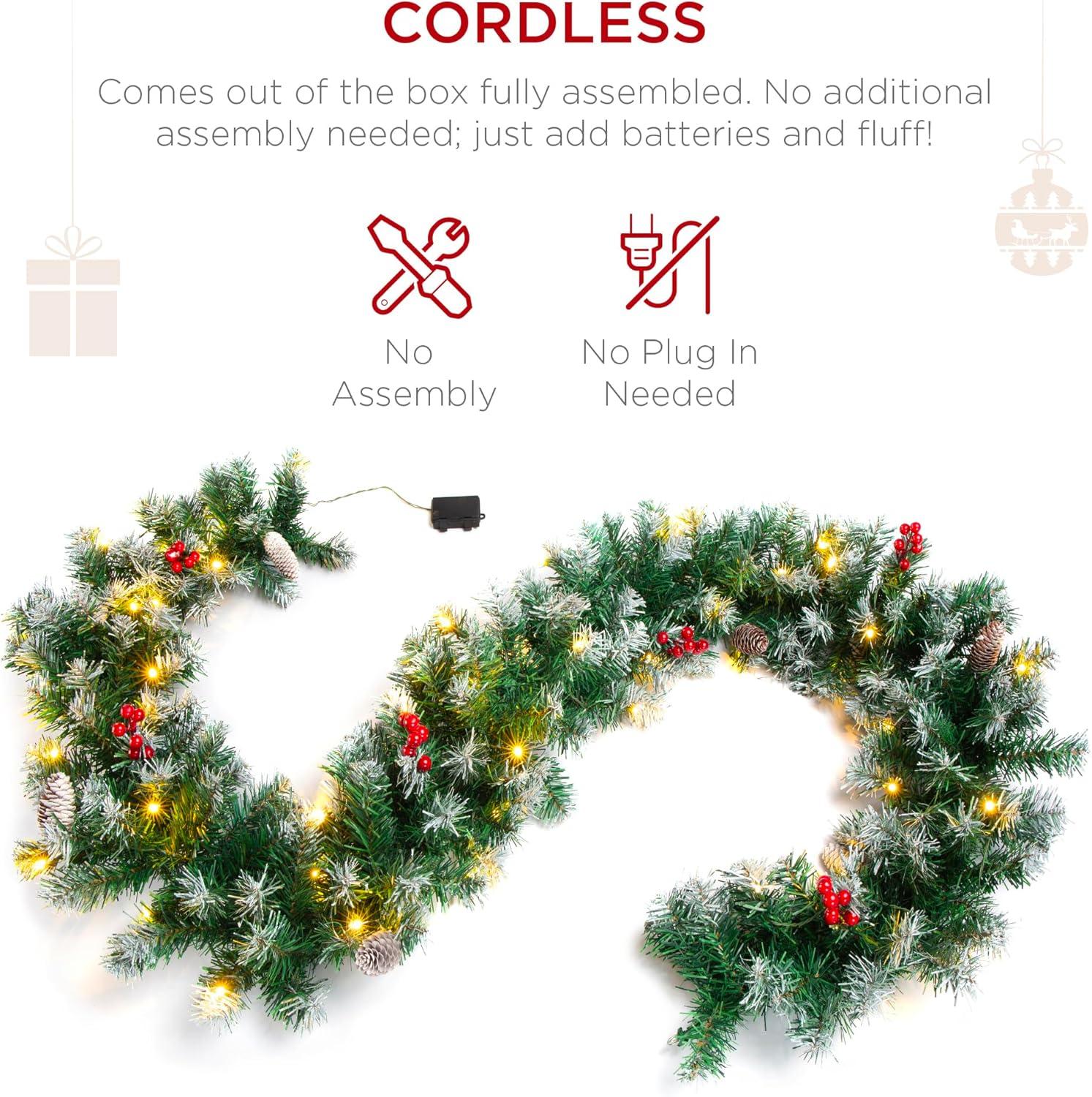 imageBest Choice Products 9ft PreLit Holiday PreDecorated Christmas Garland for Stairs Fireplace Decoration wPVC Tips 50 Lights Pine Cones Berries  SemiFlockedFlocked  Battery