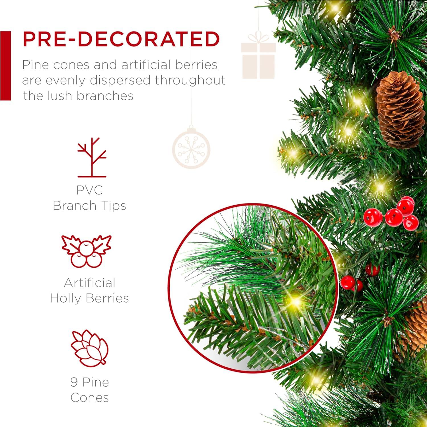 imageBest Choice Products 9ft PreLit Holiday PreDecorated Christmas Garland for Stairs Fireplace Decoration wPVC Tips 50 Lights Pine Cones Berries  SemiFlockedPreDecorated