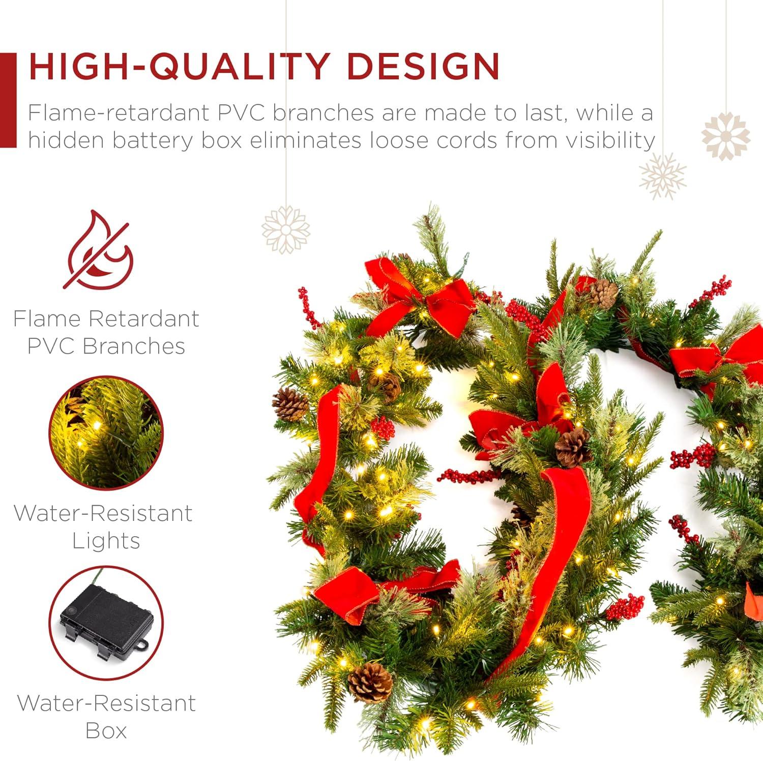 imageBest Choice Products 9ft PreLit Holiday PreDecorated Christmas Garland for Stairs Fireplace Decoration wPVC Tips 50 Lights Pine Cones Berries  SemiFlockedGreenRibbons  Battery