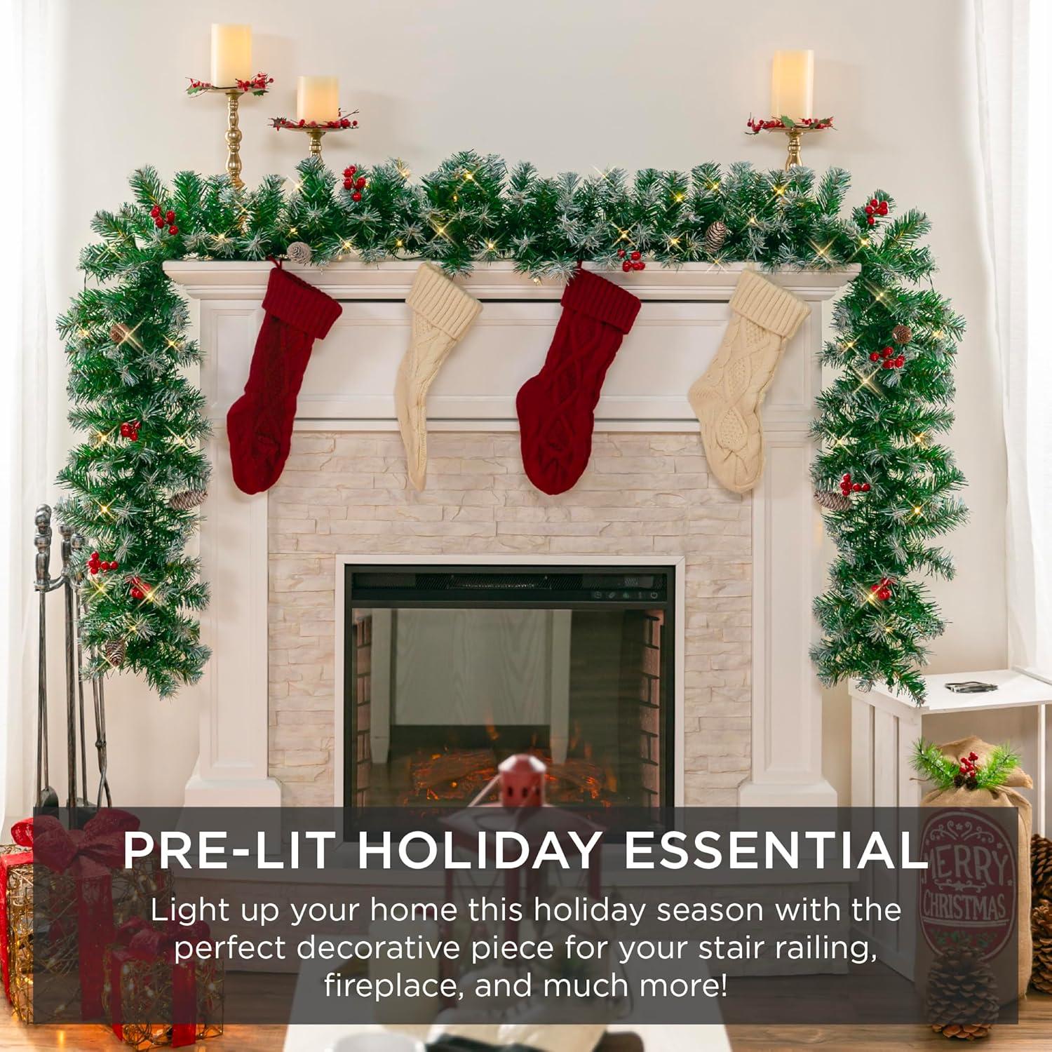 imageBest Choice Products 9ft PreLit Holiday PreDecorated Christmas Garland for Stairs Fireplace Decoration wPVC Tips 50 Lights Pine Cones Berries  SemiFlockedFlocked  Battery