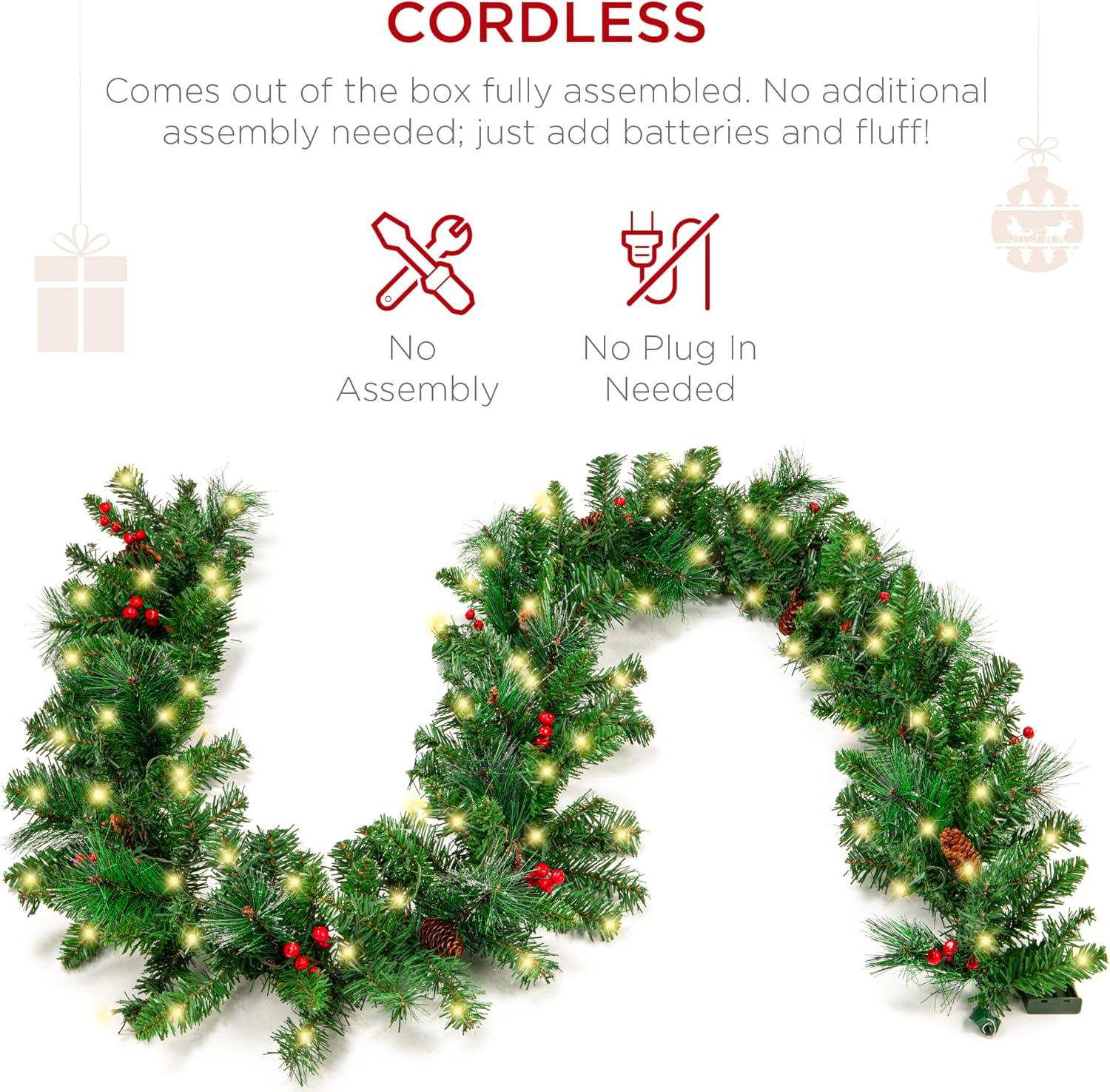 imageBest Choice Products 9ft PreLit Holiday PreDecorated Christmas Garland for Stairs Fireplace Decoration wPVC Tips 50 Lights Pine Cones Berries  SemiFlockedPreDecorated