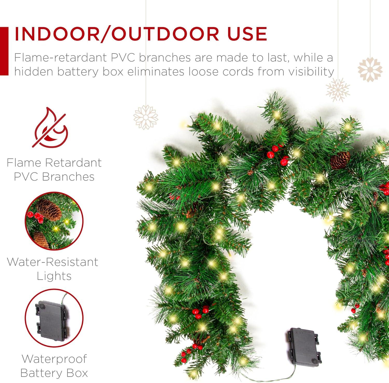 imageBest Choice Products 9ft PreLit Holiday PreDecorated Christmas Garland for Stairs Fireplace Decoration wPVC Tips 50 Lights Pine Cones Berries  SemiFlockedPreDecorated