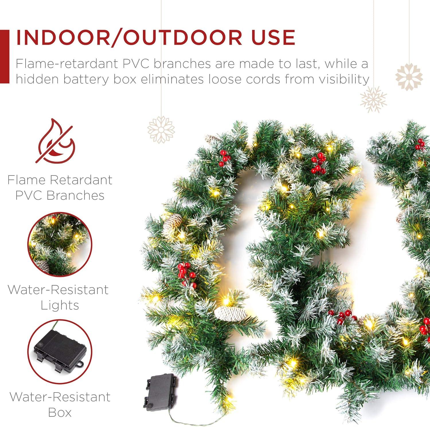 imageBest Choice Products 9ft PreLit Holiday PreDecorated Christmas Garland for Stairs Fireplace Decoration wPVC Tips 50 Lights Pine Cones Berries  SemiFlockedFlocked  Battery