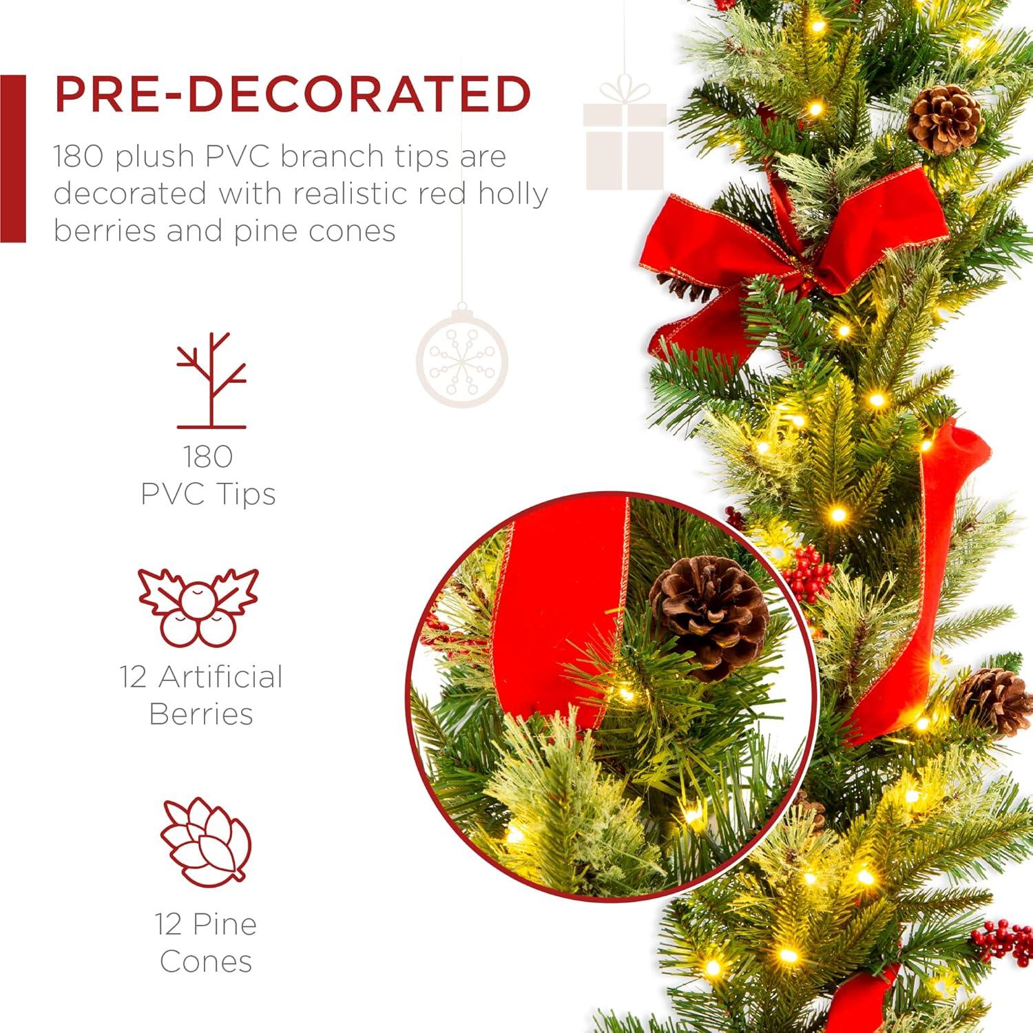 imageBest Choice Products 9ft PreLit Holiday PreDecorated Christmas Garland for Stairs Fireplace Decoration wPVC Tips 50 Lights Pine Cones Berries  SemiFlockedGreenRibbons  Battery