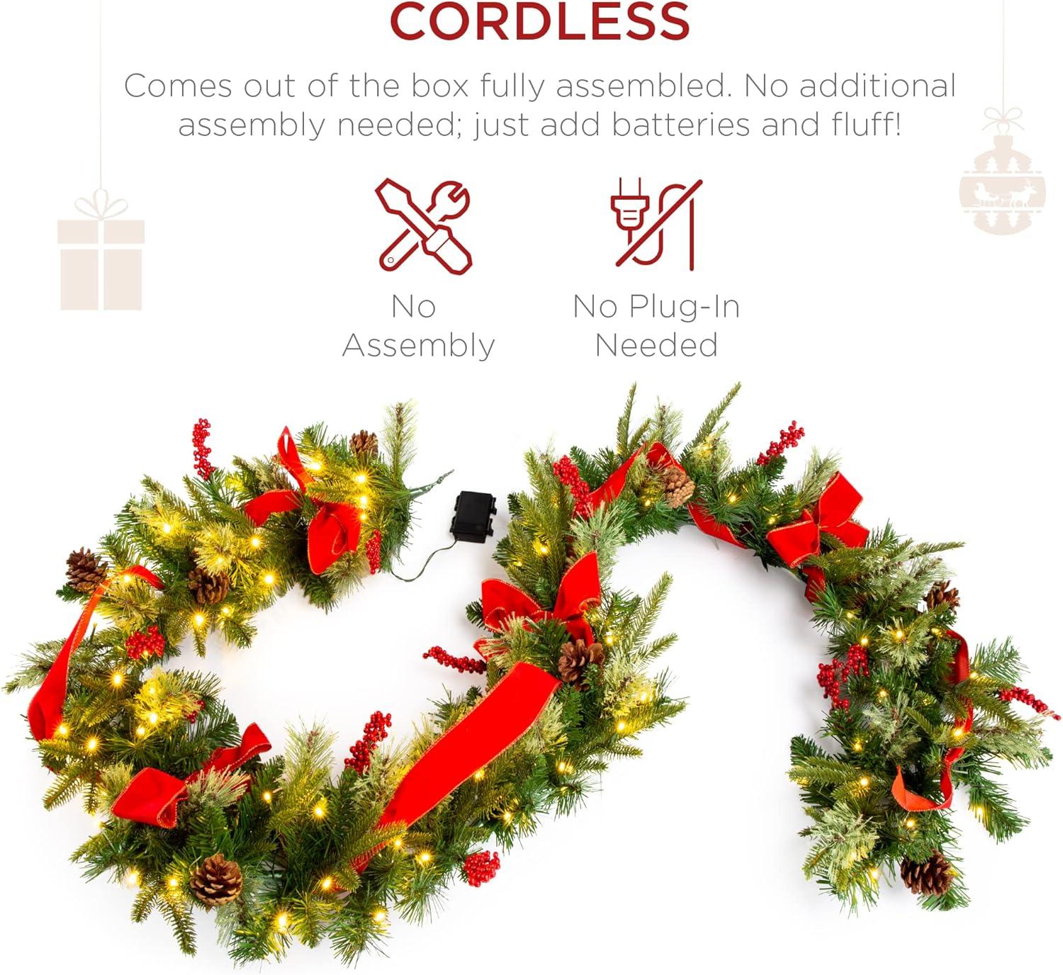 imageBest Choice Products 9ft PreLit Holiday PreDecorated Christmas Garland for Stairs Fireplace Decoration wPVC Tips 50 Lights Pine Cones Berries  SemiFlockedGreenRibbons  Battery