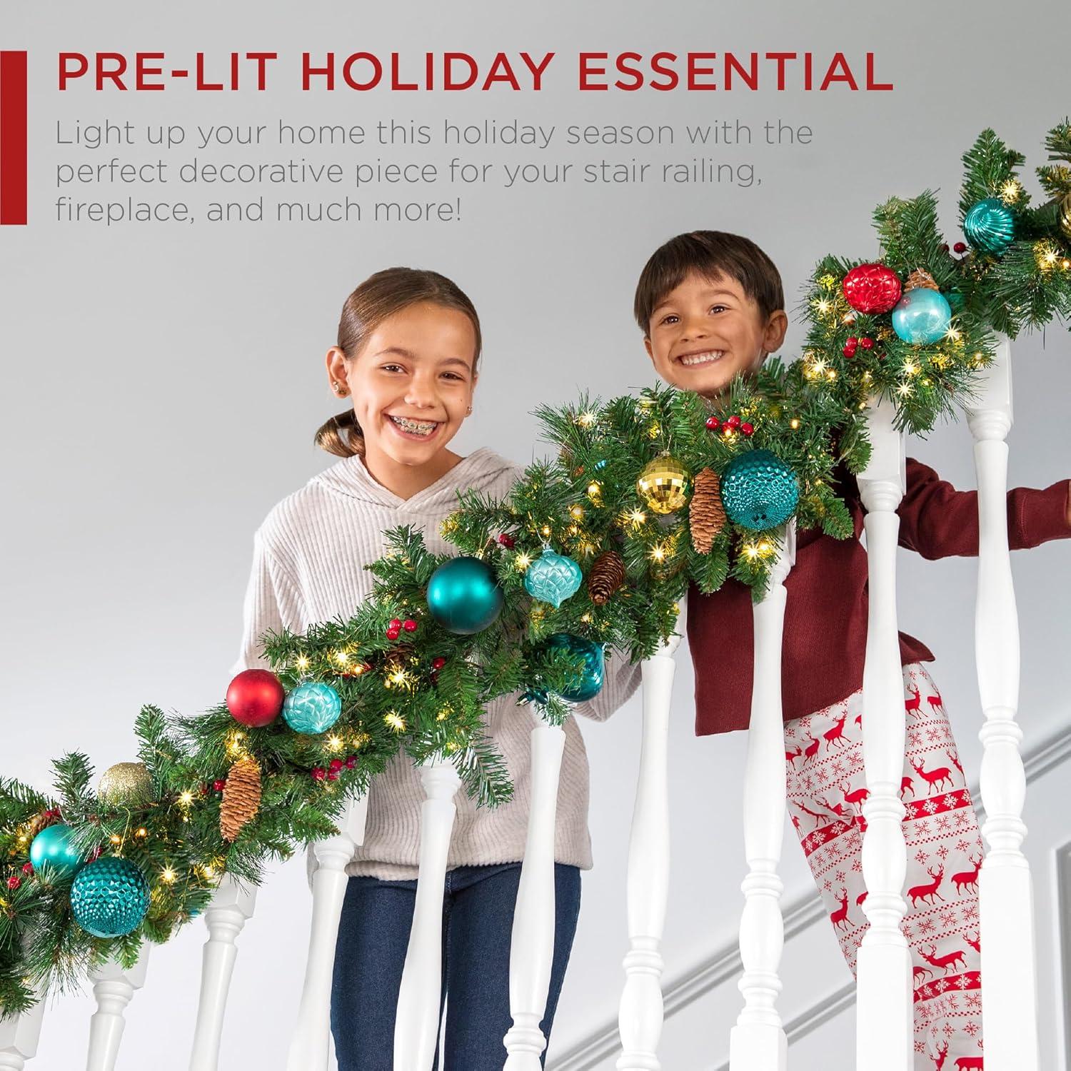 imageBest Choice Products 9ft PreLit Holiday PreDecorated Christmas Garland for Stairs Fireplace Decoration wPVC Tips 50 Lights Pine Cones Berries  SemiFlockedPreDecorated
