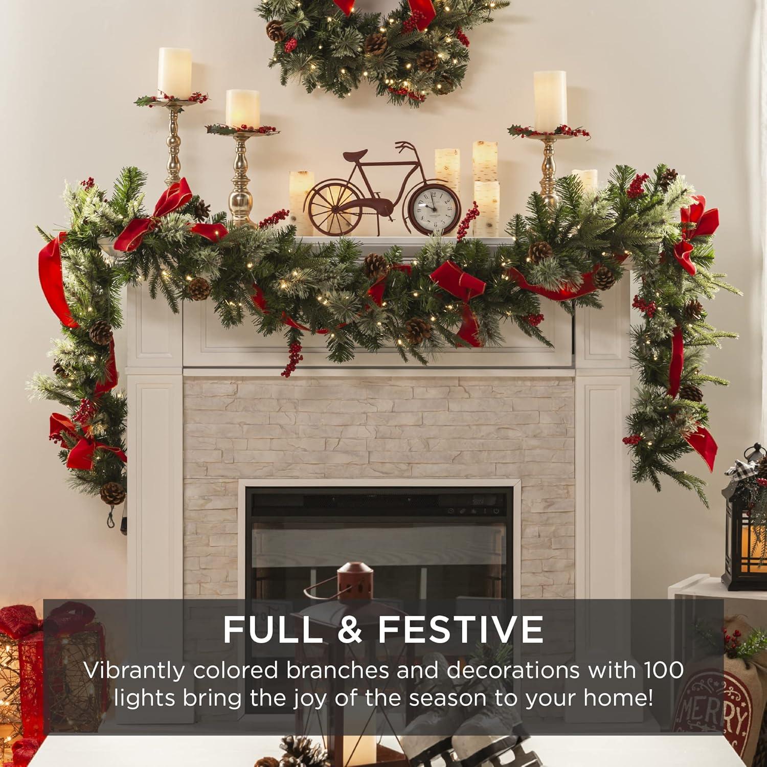 imageBest Choice Products 9ft PreLit Holiday PreDecorated Christmas Garland for Stairs Fireplace Decoration wPVC Tips 50 Lights Pine Cones Berries  SemiFlockedGreenRibbons  Battery