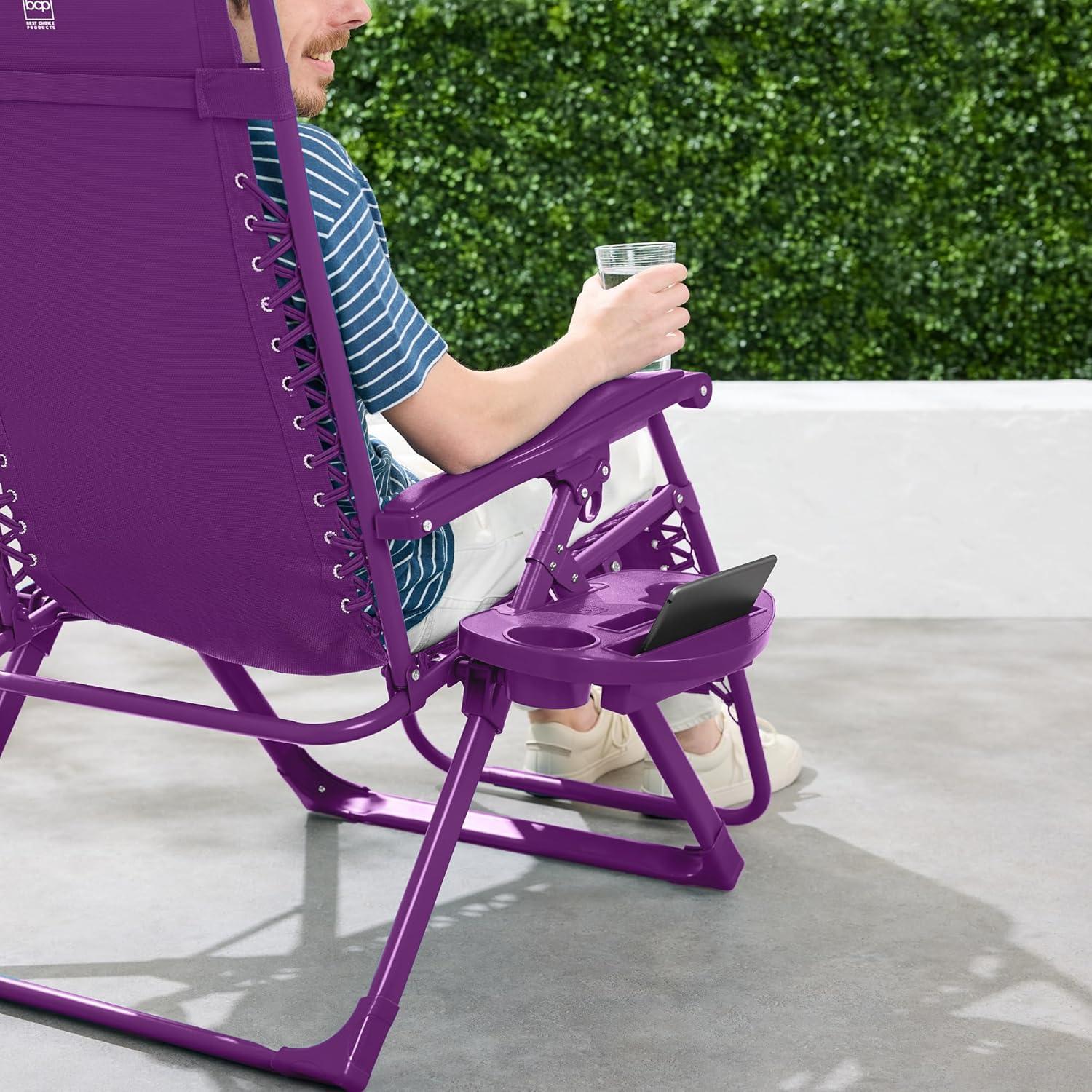 imageBest Choice Products Adjustable Zero Gravity Chair Monochromatic Color Folding Patio Recliner wSide Tray Headrest  SeafoamAmethyst