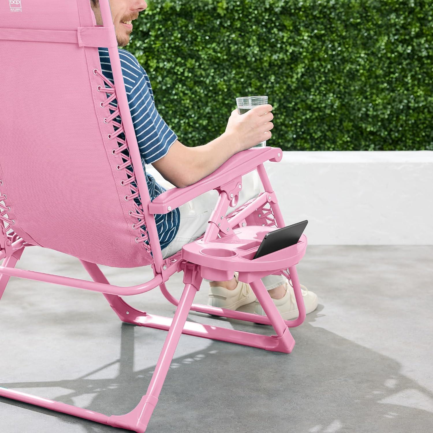 imageBest Choice Products Adjustable Zero Gravity Chair Monochromatic Color Folding Patio Recliner wSide Tray Headrest  SeafoamCarnation