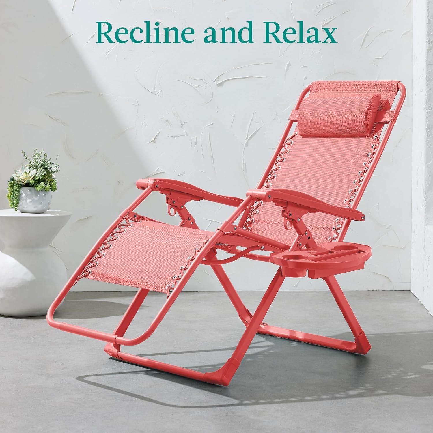 imageBest Choice Products Adjustable Zero Gravity Chair Monochromatic Color Folding Patio Recliner wSide Tray Headrest  SeafoamCoral