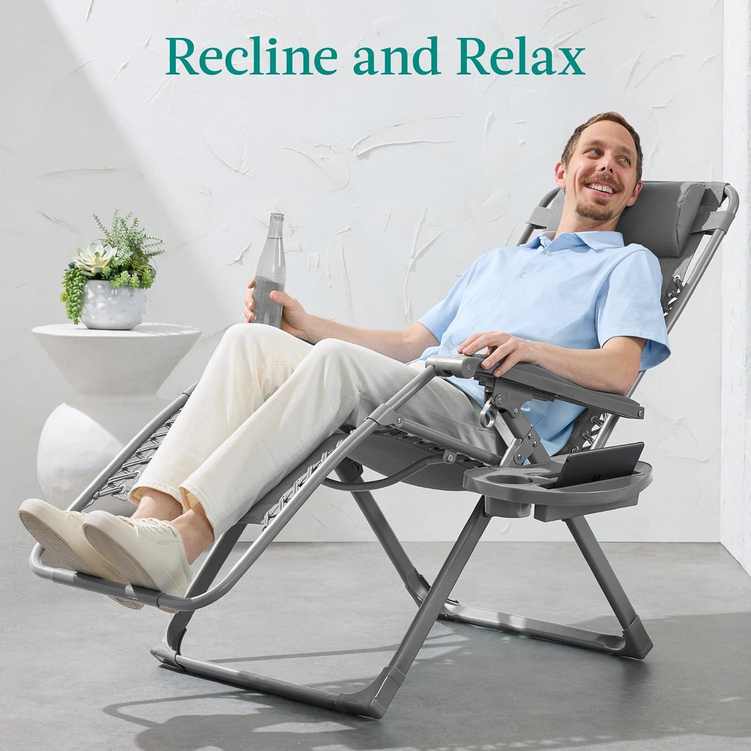 imageBest Choice Products Adjustable Zero Gravity Chair Monochromatic Color Folding Patio Recliner wSide Tray Headrest  SeafoamDove Gray