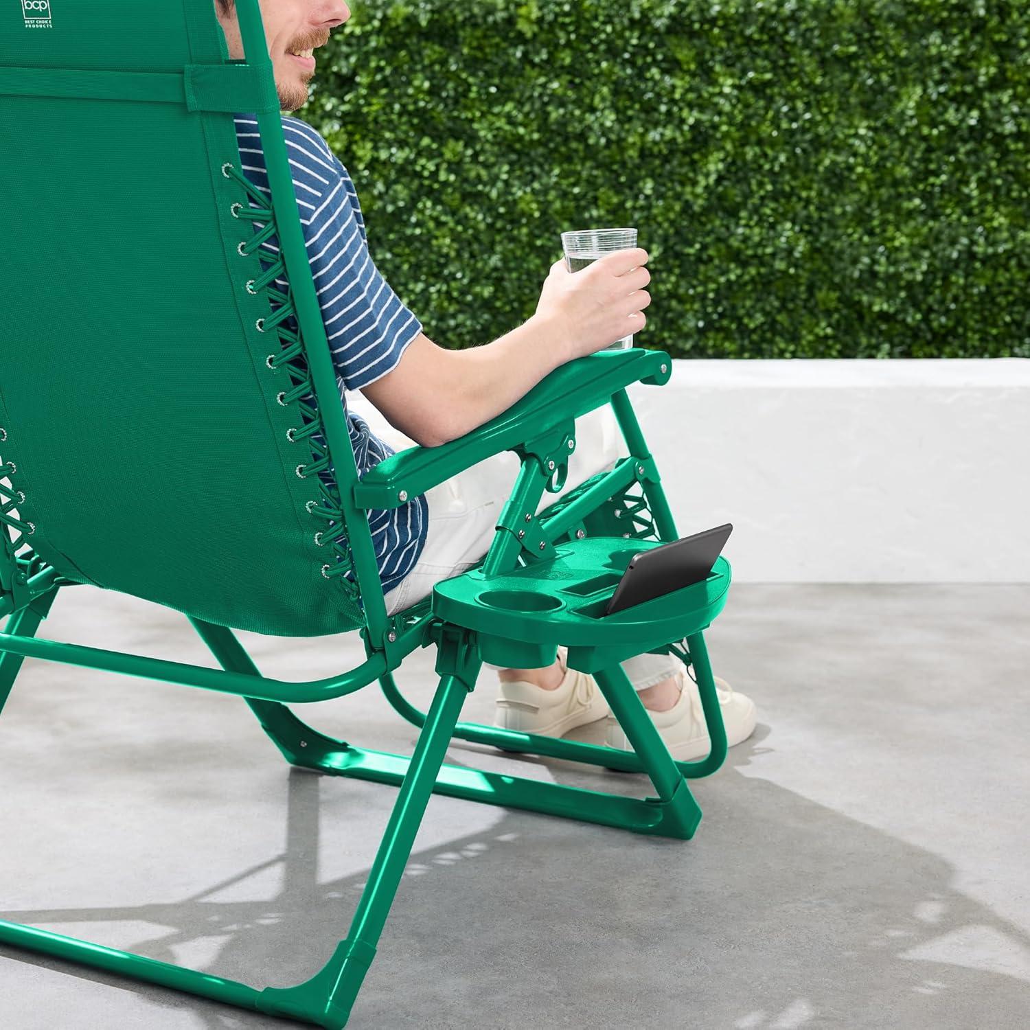 imageBest Choice Products Adjustable Zero Gravity Chair Monochromatic Color Folding Patio Recliner wSide Tray Headrest  SeafoamEmerald