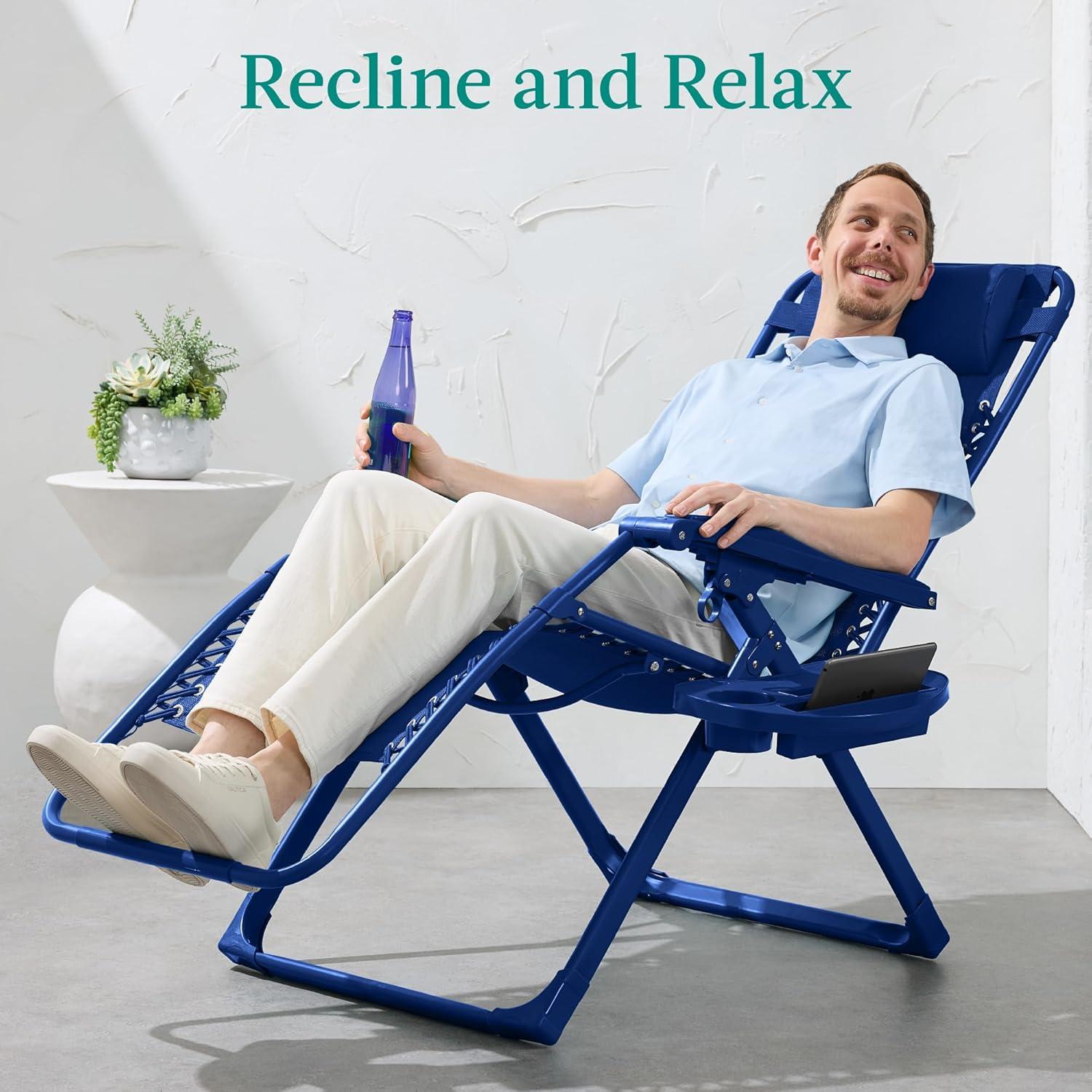 imageBest Choice Products Adjustable Zero Gravity Chair Monochromatic Color Folding Patio Recliner wSide Tray Headrest  SeafoamMarine