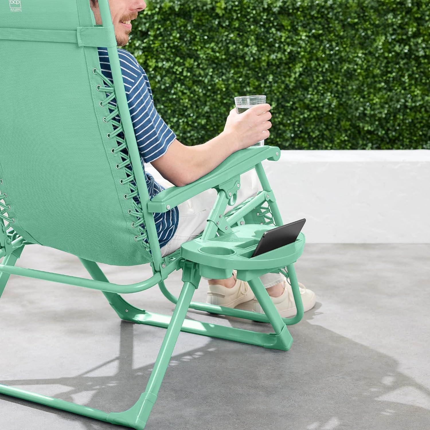 imageBest Choice Products Adjustable Zero Gravity Chair Monochromatic Color Folding Patio Recliner wSide Tray Headrest  SeafoamMint