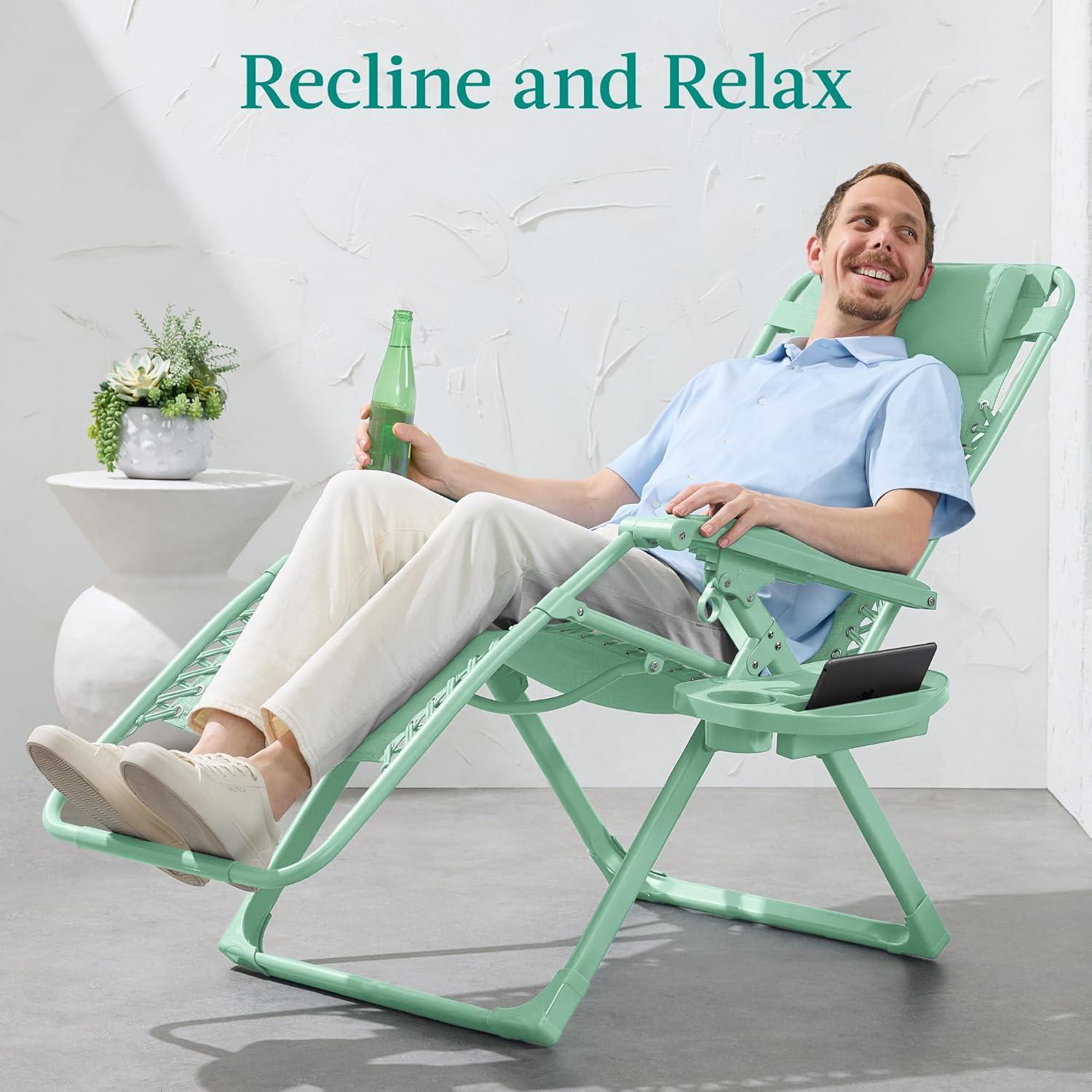 imageBest Choice Products Adjustable Zero Gravity Chair Monochromatic Color Folding Patio Recliner wSide Tray Headrest  SeafoamMint