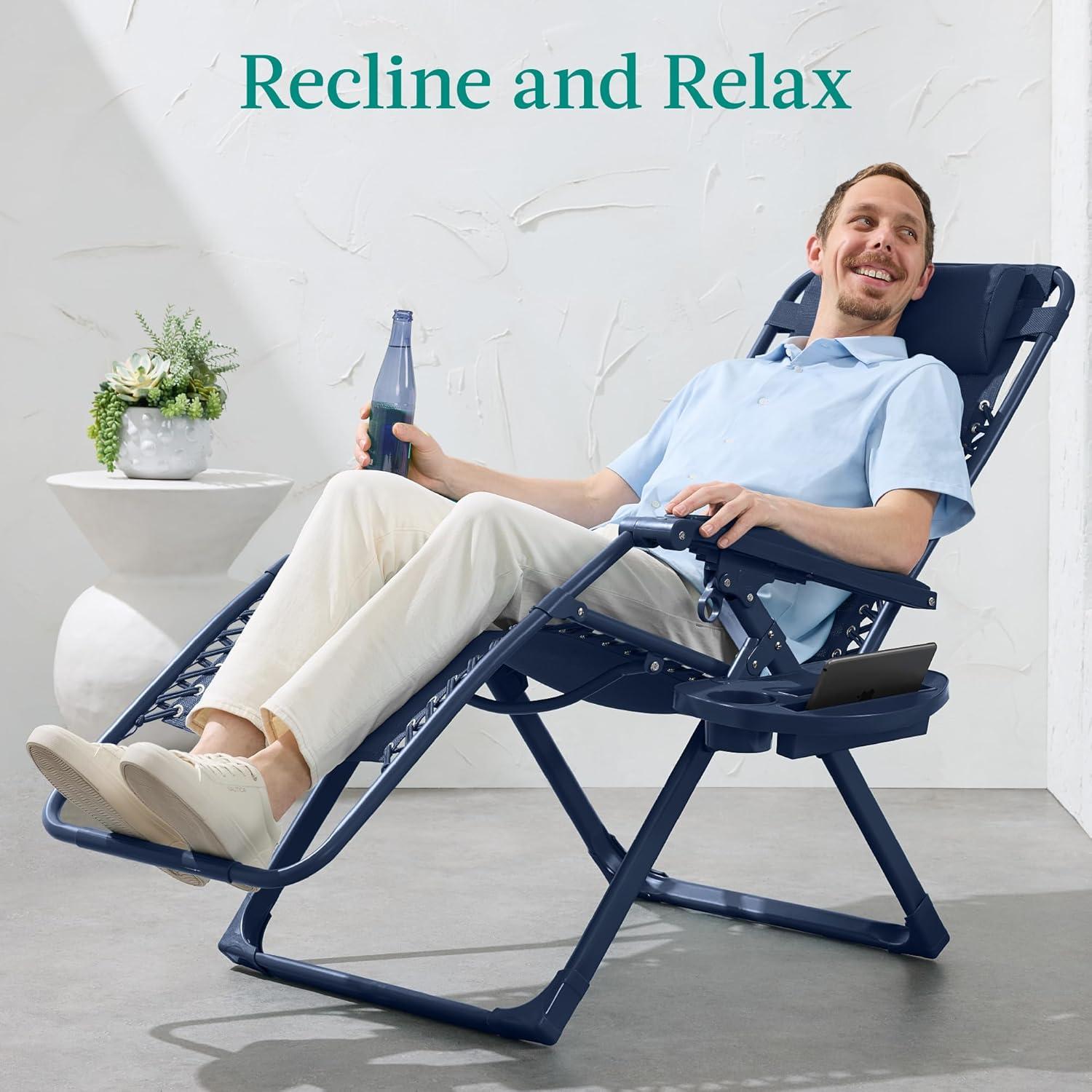 imageBest Choice Products Adjustable Zero Gravity Chair Monochromatic Color Folding Patio Recliner wSide Tray Headrest  SeafoamNavy