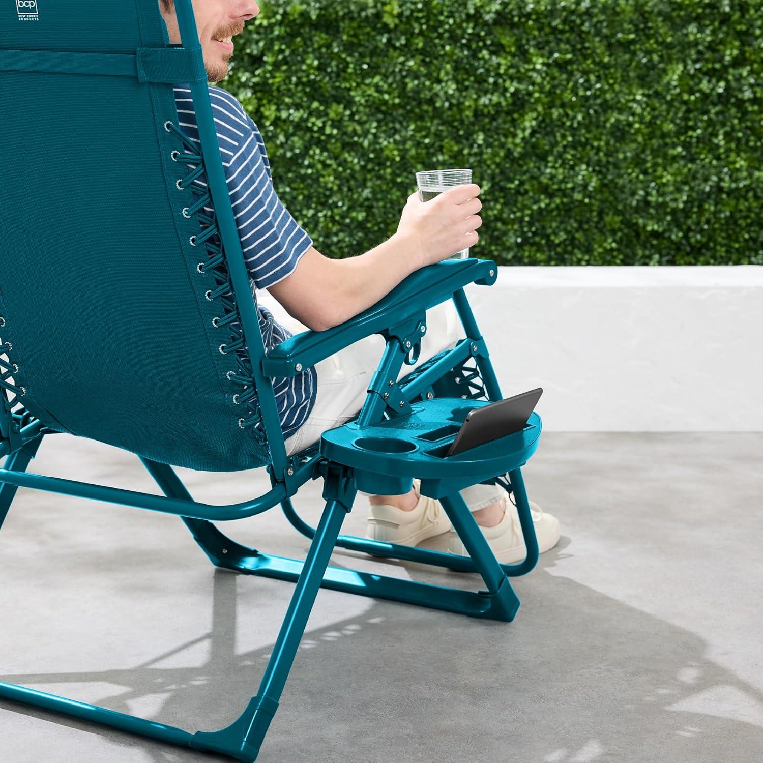 imageBest Choice Products Adjustable Zero Gravity Chair Monochromatic Color Folding Patio Recliner wSide Tray Headrest  SeafoamPeacock