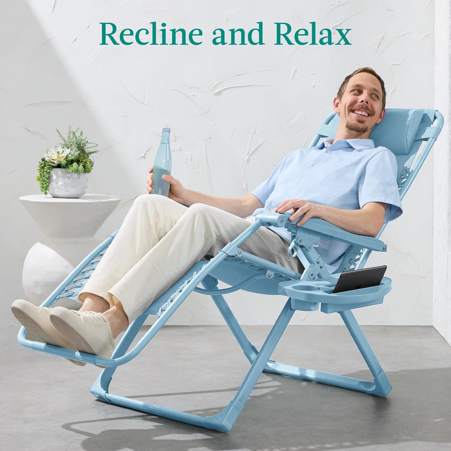 imageBest Choice Products Adjustable Zero Gravity Chair Monochromatic Color Folding Patio Recliner wSide Tray Headrest  SeafoamSky