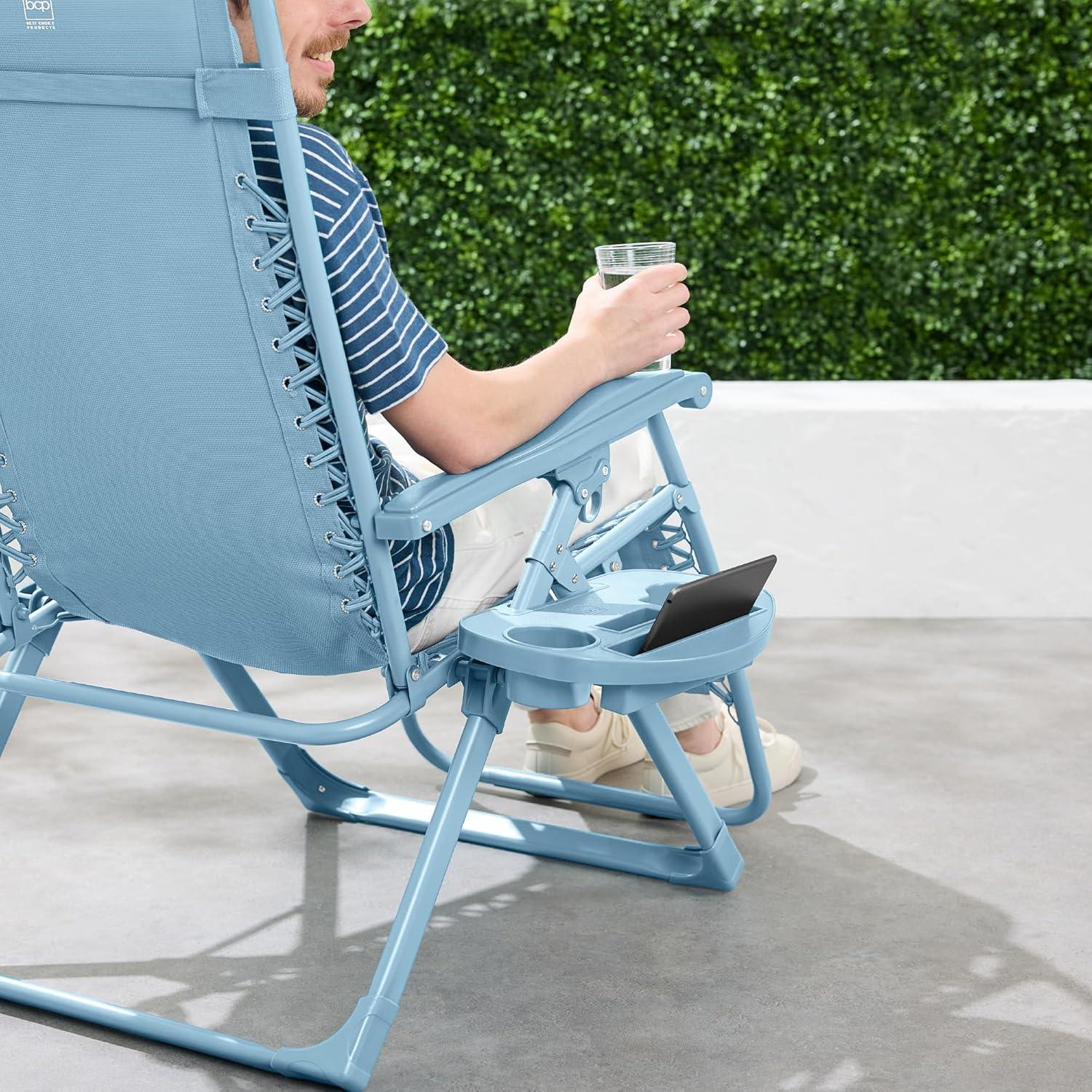 imageBest Choice Products Adjustable Zero Gravity Chair Monochromatic Color Folding Patio Recliner wSide Tray Headrest  SeafoamSky
