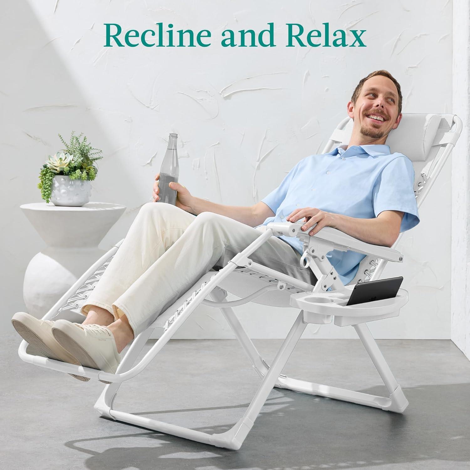 imageBest Choice Products Adjustable Zero Gravity Chair Monochromatic Color Folding Patio Recliner wSide Tray Headrest  SeafoamSnow