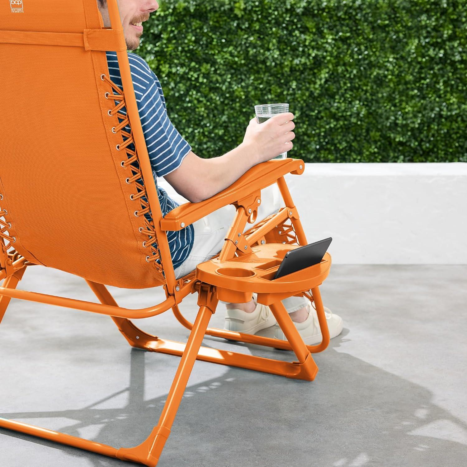 imageBest Choice Products Adjustable Zero Gravity Chair Monochromatic Color Folding Patio Recliner wSide Tray Headrest  SeafoamTangerine